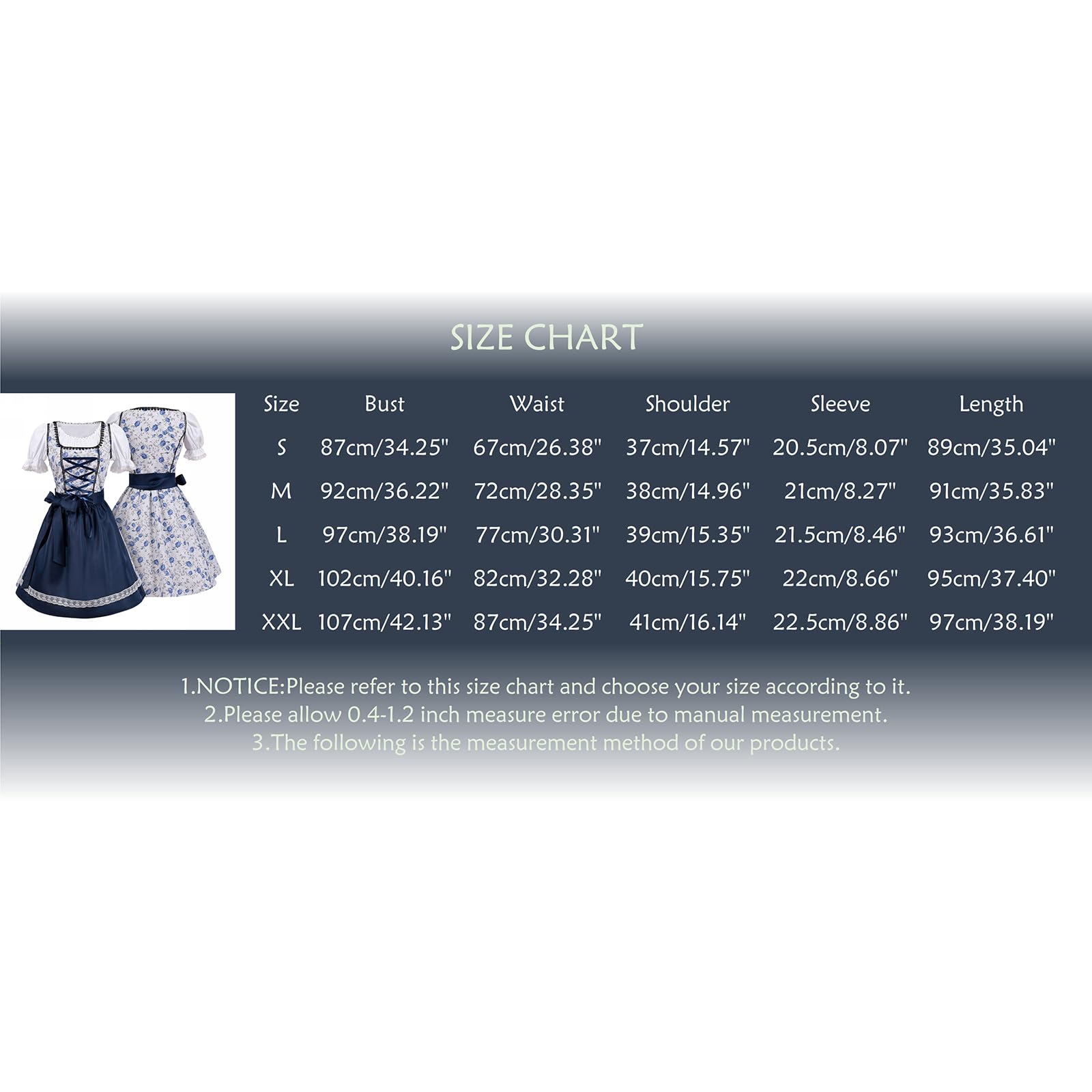 XL German Dirndl Dress for Women - Square Neckline Apron Oktoberfest Costume & Springtrap Cosplay Outfit in Blue | Perfect for Halloween, Themed Parties & Renaissance Fairs