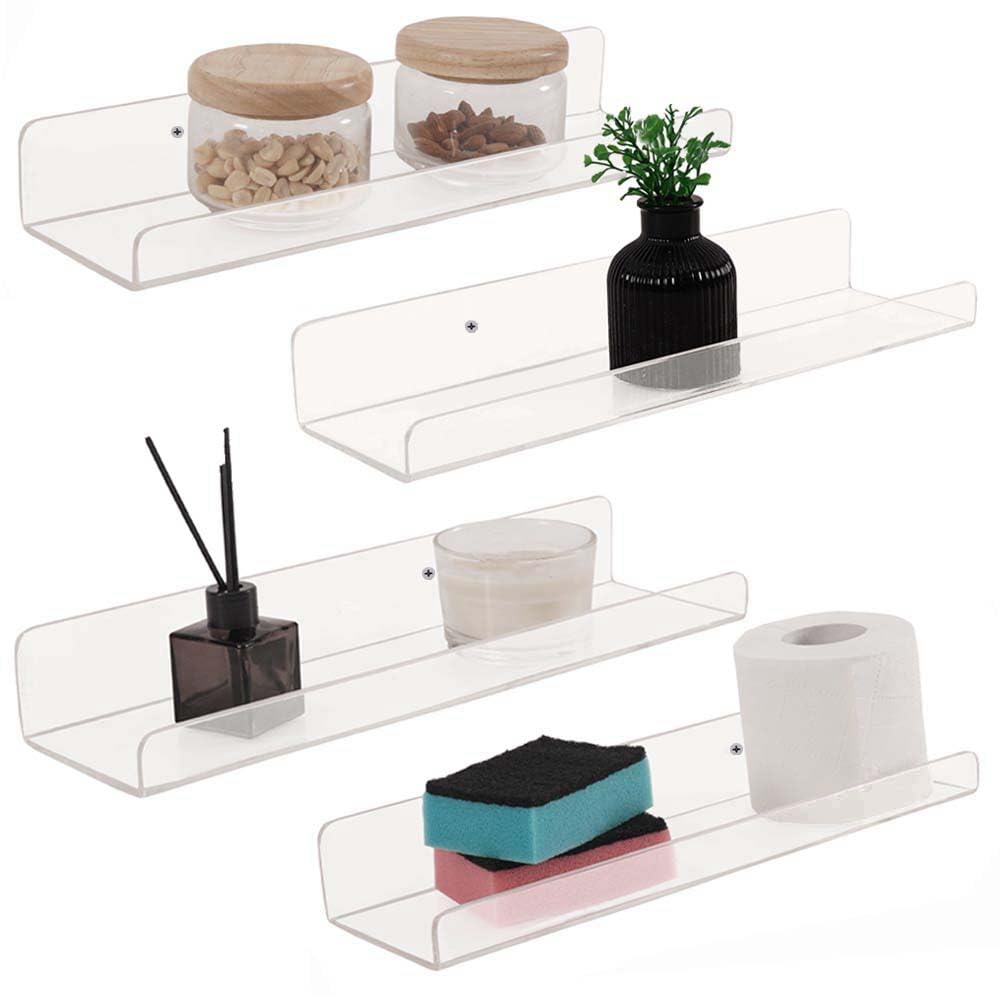 Clear Acrylic Shelf Set of 4 - Floating Wall Shelves for Home Decor, Kids Room Storage, Toy Display & Book Organizer - Perfect for Living Room, Kitchen, Nursery & Office Organization