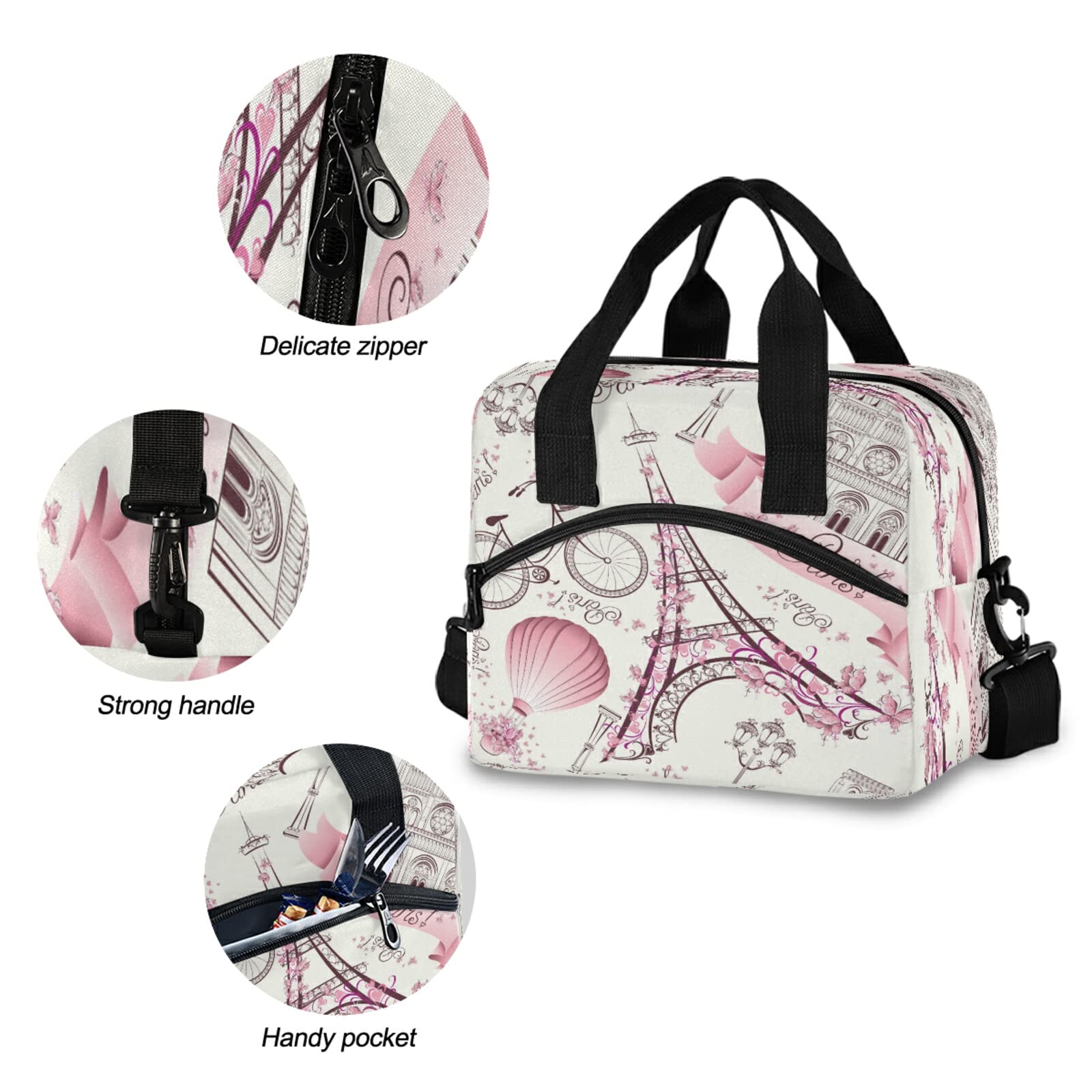 Paris Eiffel Tower Insulated Lunch Bag - Reusable Thermal Tote with Adjustable Strap for Office, School & Picnic | French-Themed Cooler Bag for Women & Kids | Perfect for Work, Travel & Outdoor Activities