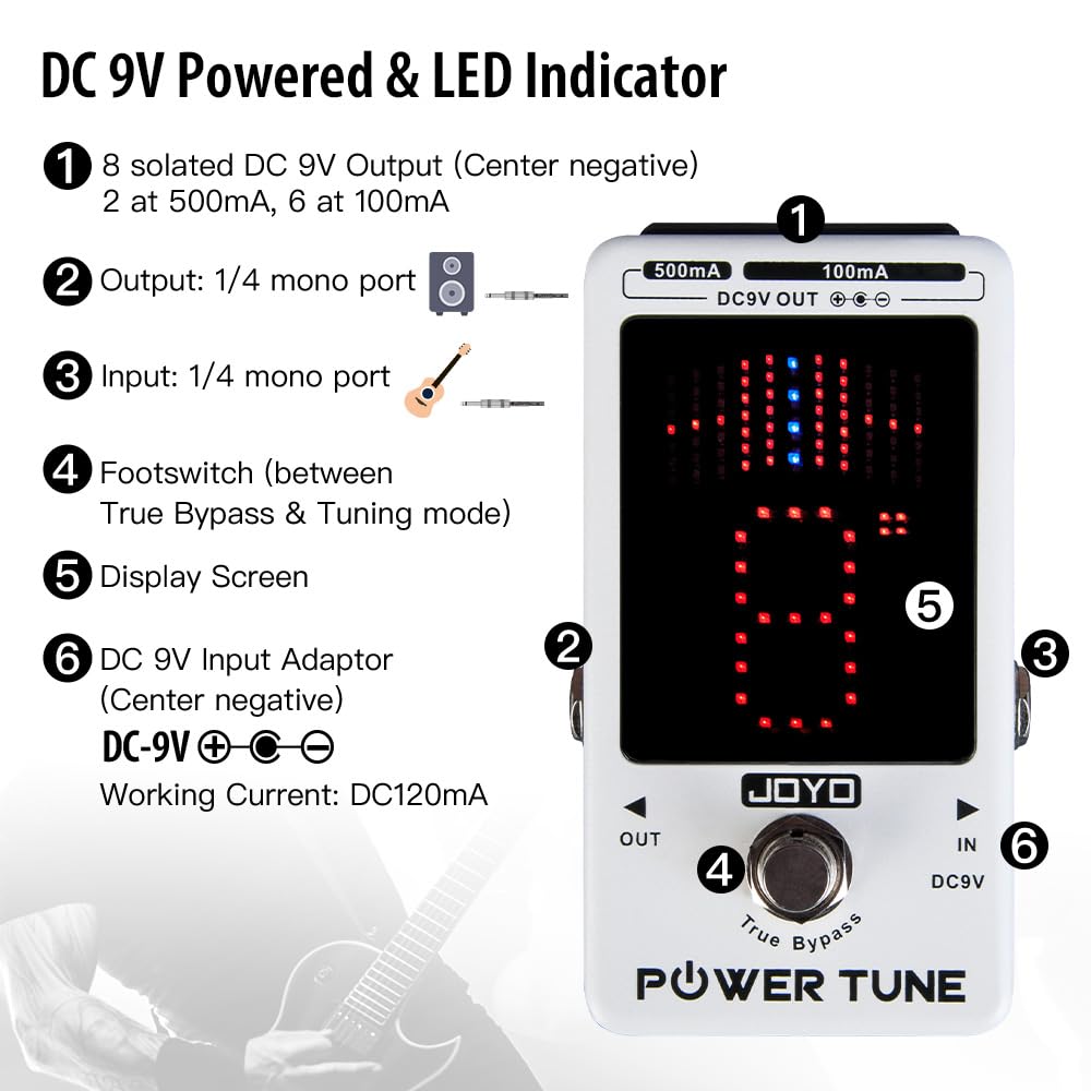 JOYO JF-18R Power Supply Tuner Pedal - 8-Channel Isolated Low Noise DC 9V Output (2x500mA + 6x100mA) with True Bypass - Perfect for Guitar Effects Pedalboard & Live Performances