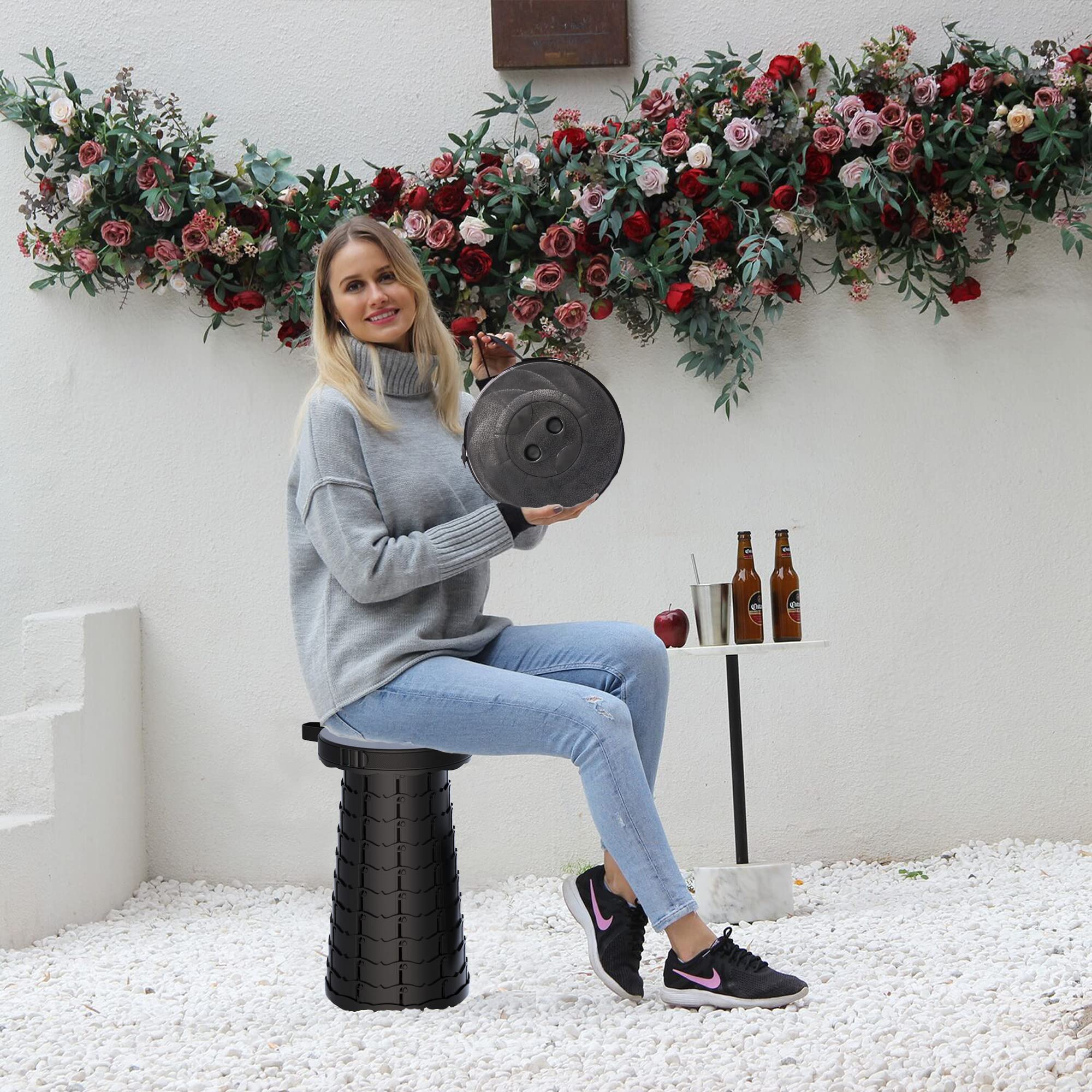 ALEVMOOM Collapsible Stool with Cushion - Portable, Telescoping & Sturdy Folding Camping Stool - Adjustable Height for Outdoor, Hiking, BBQ, Picnics, Beach, Fishing & Backyard Relaxation