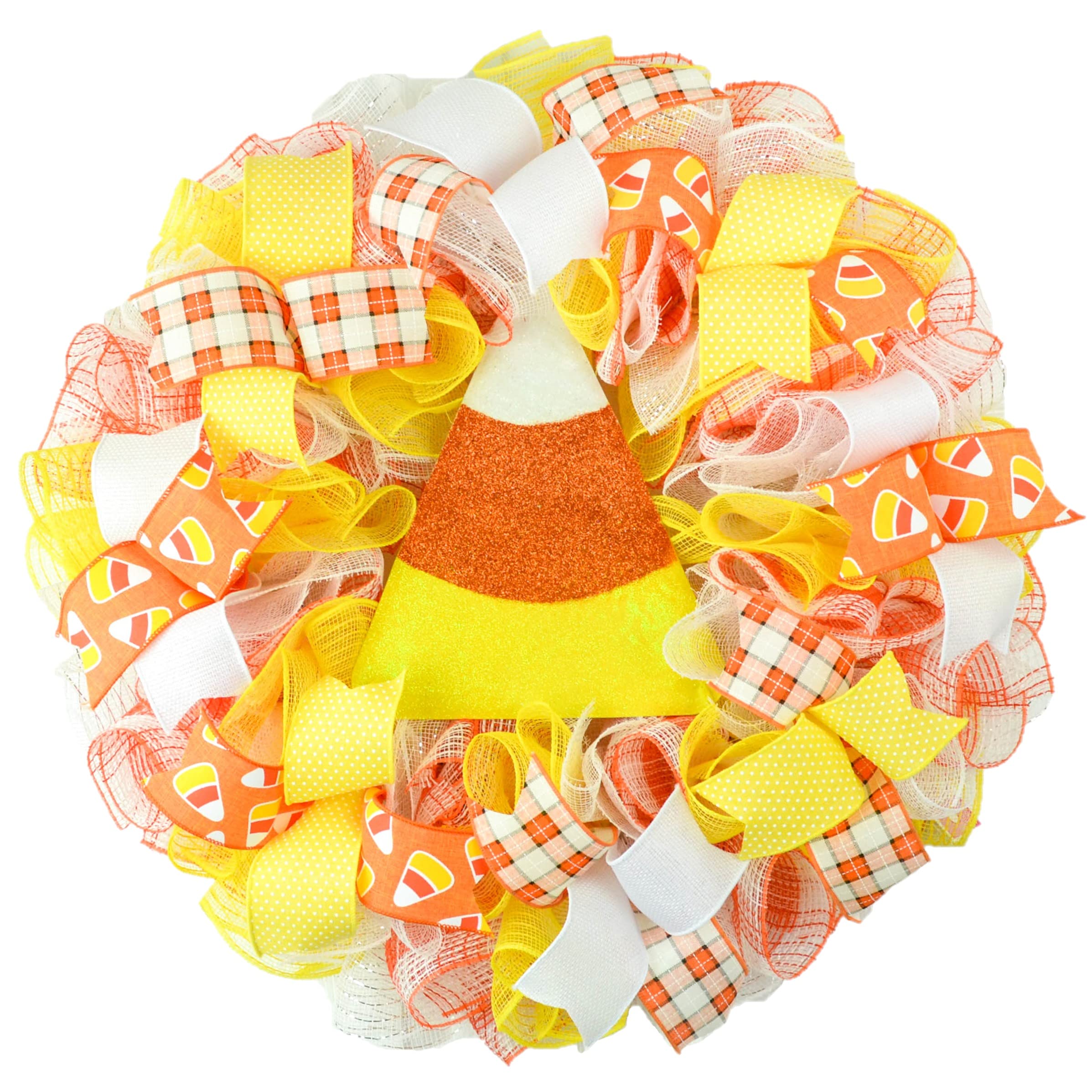 Halloween Candy Corn Wreath - Orange, Black, White & Yellow Trick or Treat Mesh Door Decor for Fall Front Porch & Party Decorations