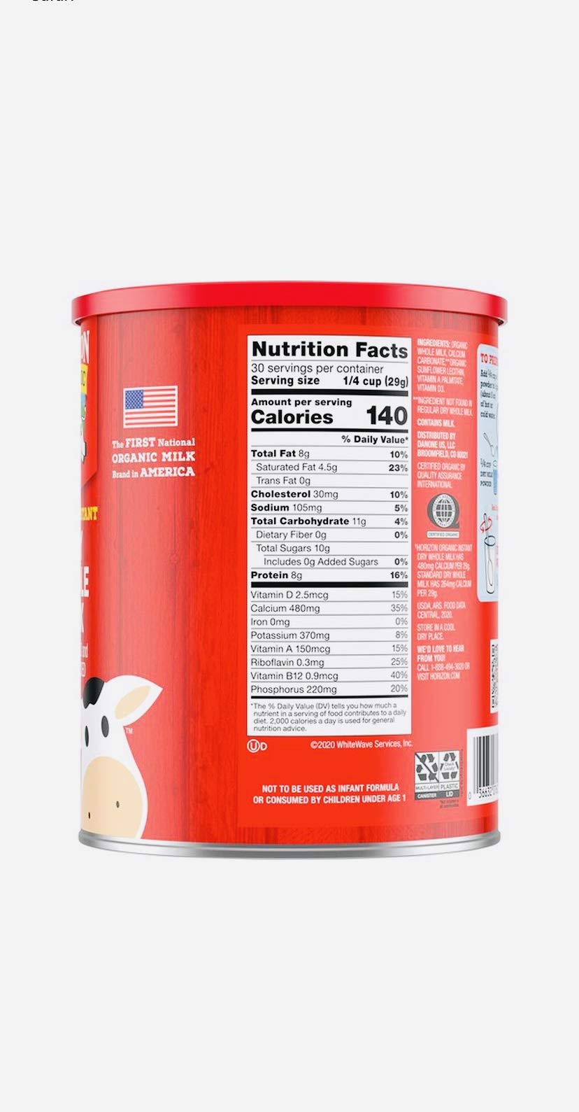 Horizon Organic Instant Dry Whole Milk Powder 30.6 oz | Non-GMO, Vitamin D Fortified | Perfect for Baking, Coffee Creamer & Emergency Food Storage
