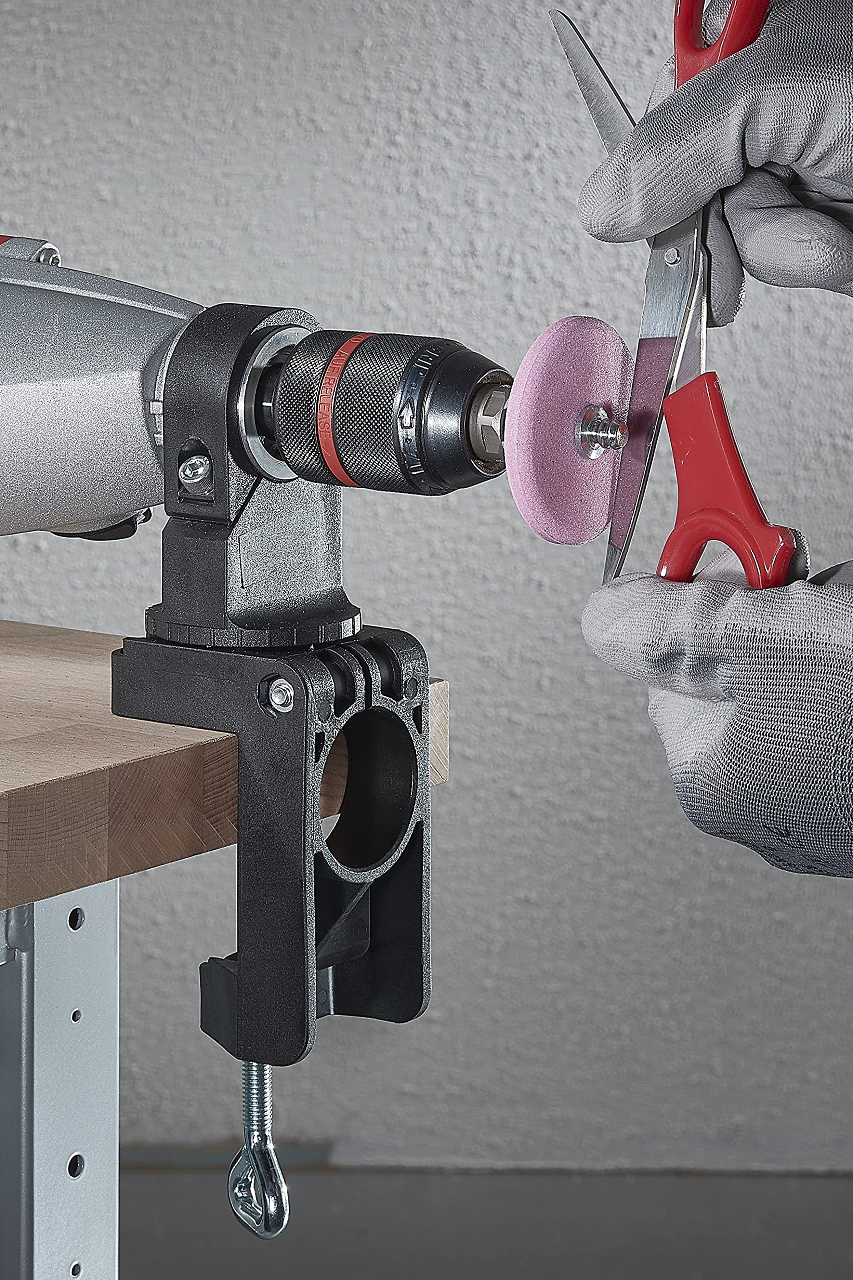 Wolfcraft Universal Drill Clamp - Rotatable Plastic Clamping Tool for Power Drills, Milling & Grinding Motors (Model 4802000) | Perfect for Horizontal & Vertical Positioning in Woodworking, Metalworking & DIY Projects