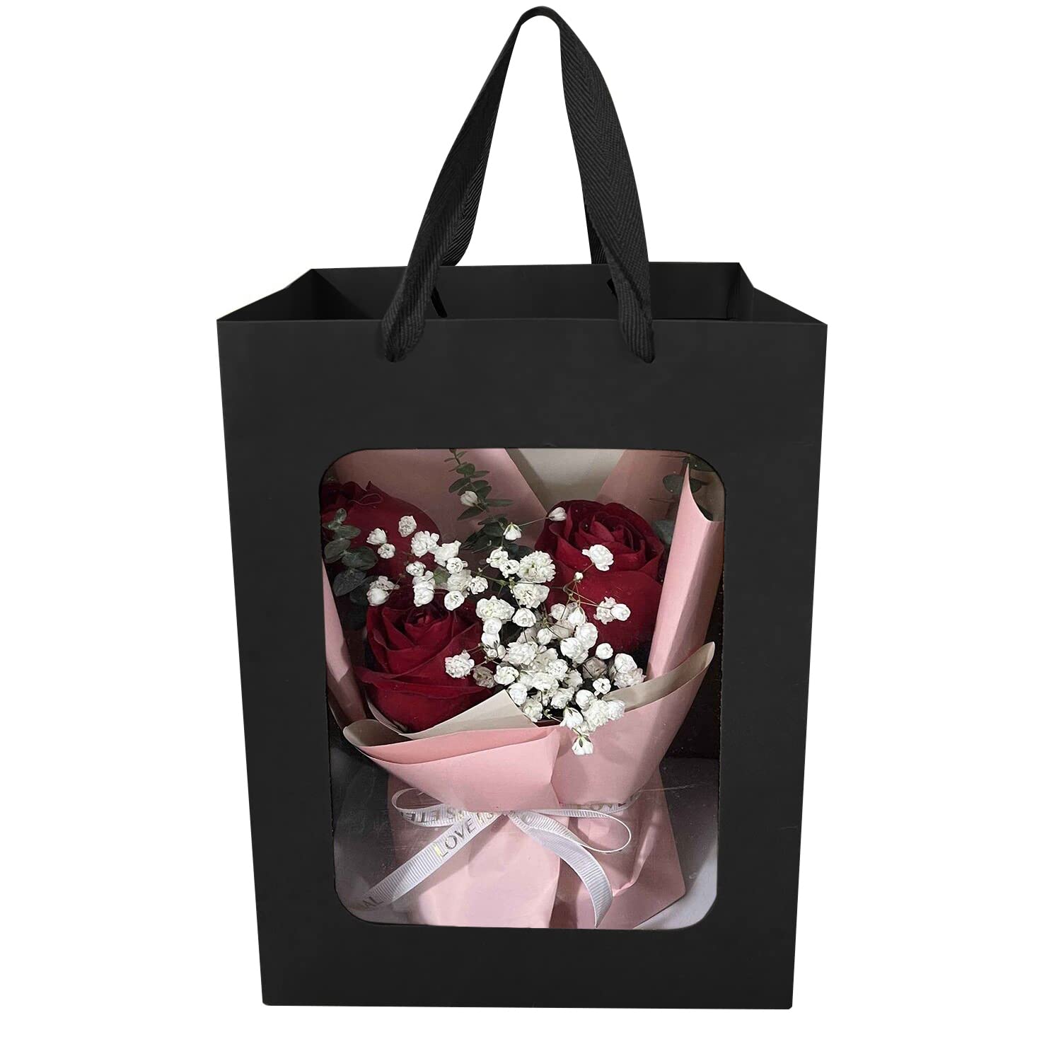 12 Pack Black Kraft Paper Gift Bags with Clear Window - 9.84