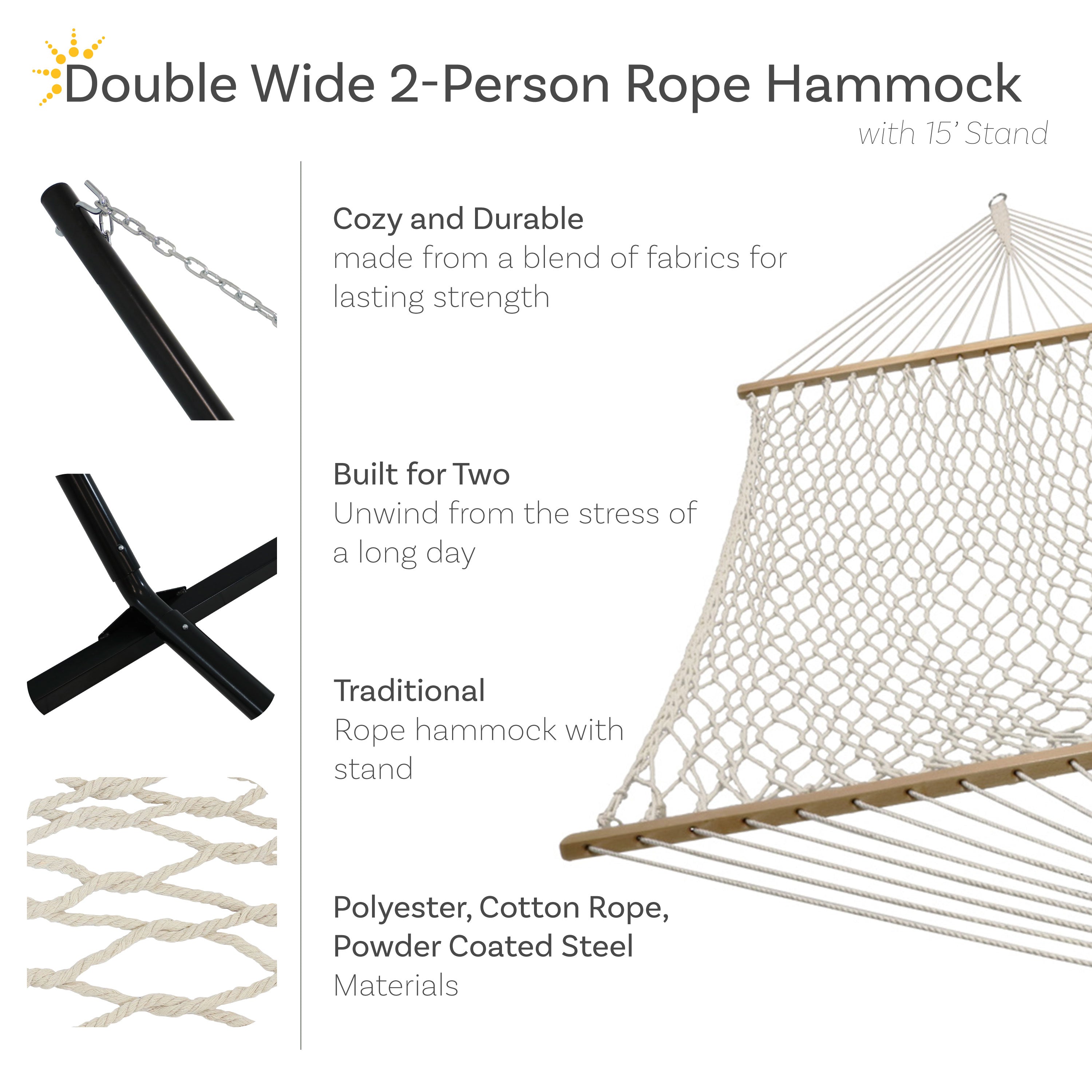 Premium Sunnydaze Double Wide 2-Person Rope Hammock with 15-Foot Steel Stand - Heavy Duty Outdoor Patio, Backyard, Poolside & Beach Relaxation for Couples