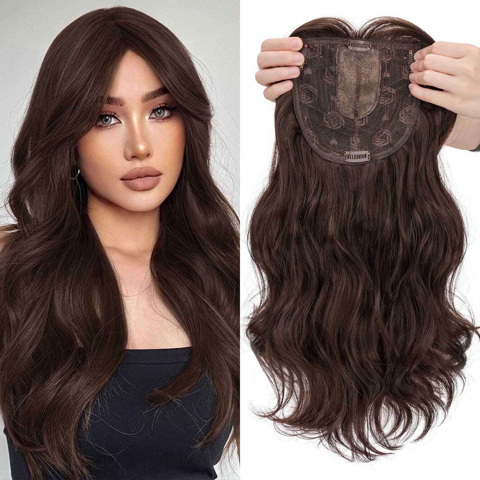 18 Inch Synthetic Hair Topper with Bangs - Natural Looking Hairpiece for Thinning Hair - Perfect for Daily Wear, Cosplay & Special Occasions