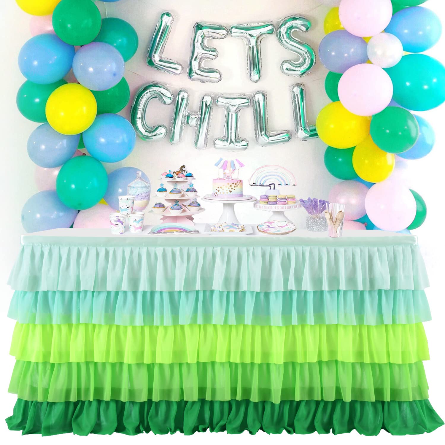 Pink Pastel Tulle Table Skirt for Rectangle Tables - 6ft, 9ft, 14ft Tutu Table Cover for Baby Shower, Birthday Party & Cake Dessert Decorations (Gradual Green, 6ft) | Perfect for Wedding Receptions, Bridal Showers & Holiday Celebrations
