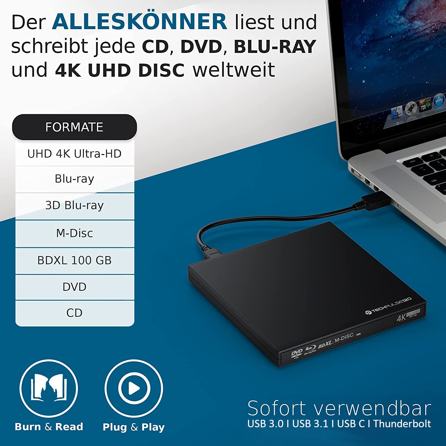 techPulse120 External UHD 4K 3D M-Disc BDXL Blu-ray Burner Drive - USB 3.0/USB-C Slim Superdrive for Windows/Mac - Compatible with BD/DVD/CD - Perfect for Laptops, Ultrabooks, iMac (Plastic Black) - Ideal for Media Backup, Movie Playback & Data Archiving