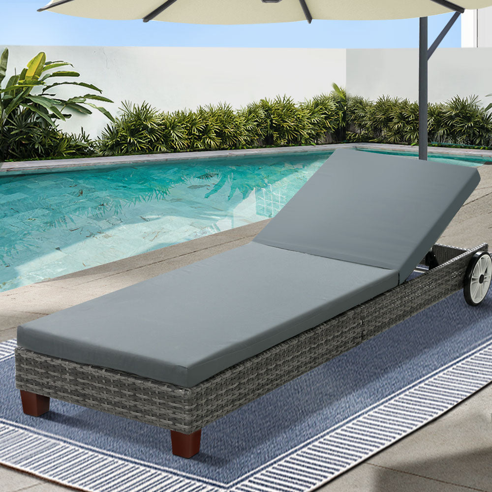 Cassidy Wicker Sun Lounge Chair with Cushion - Grey Outdoor Patio Furniture for Poolside, Garden & Backyard Relaxation
