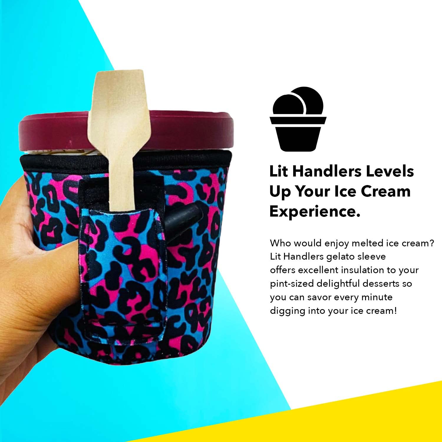 Neoprene Ice Cream Cooler Sleeve with Handle & Pocket - Leak Proof & Machine Washable Pint Holder for Frozen Desserts - Tear Resistant Summer Blooms Leopard Design - Perfect for Picnics, Beach Trips & Outdoor Parties