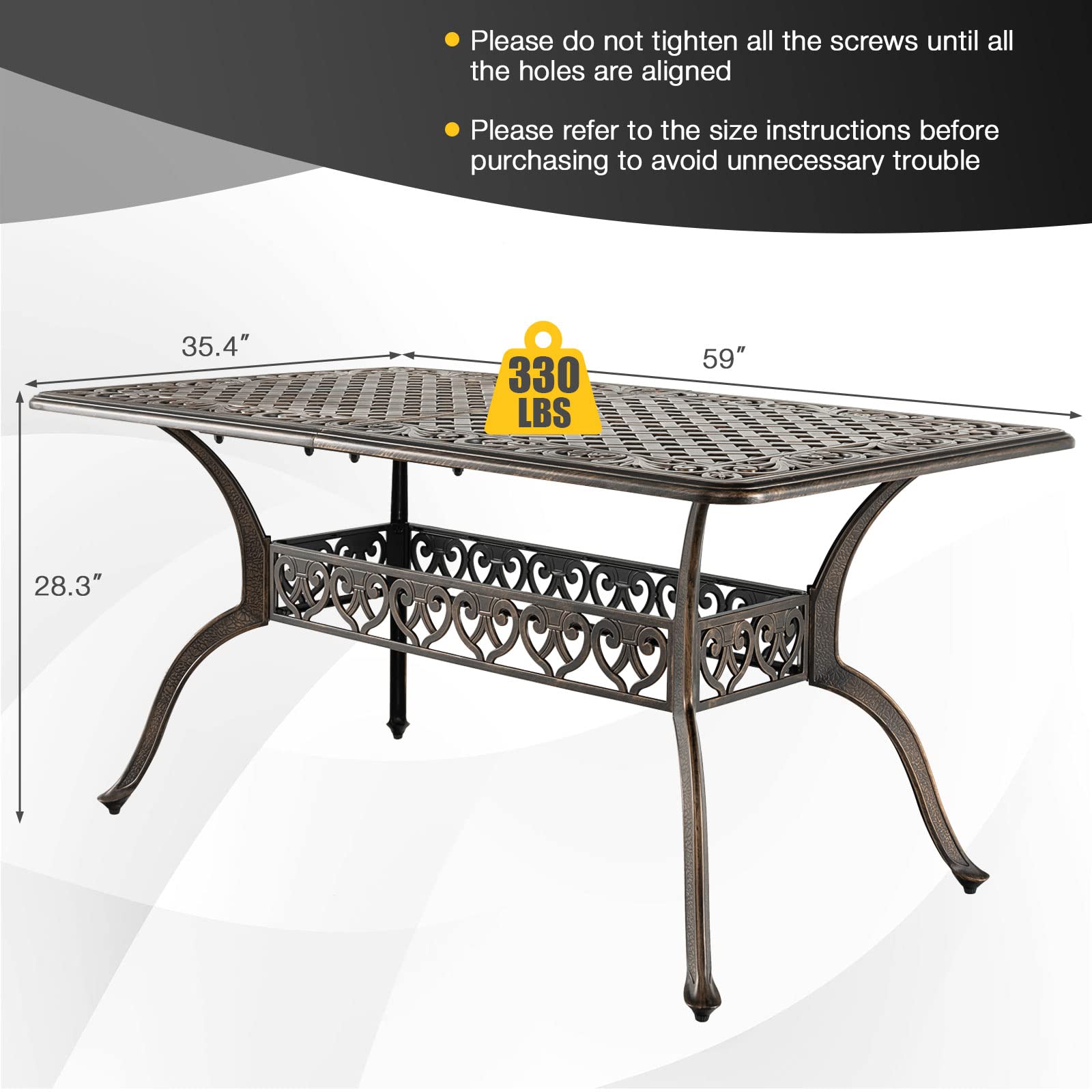 Tangkula 59 Inch Outdoor Dining Table - All-Weather Cast Aluminum Patio Table with Umbrella Hole - 6-8 Person Rectangular Garden Table for Backyard, Poolside & Outdoor Entertaining (Bronze)