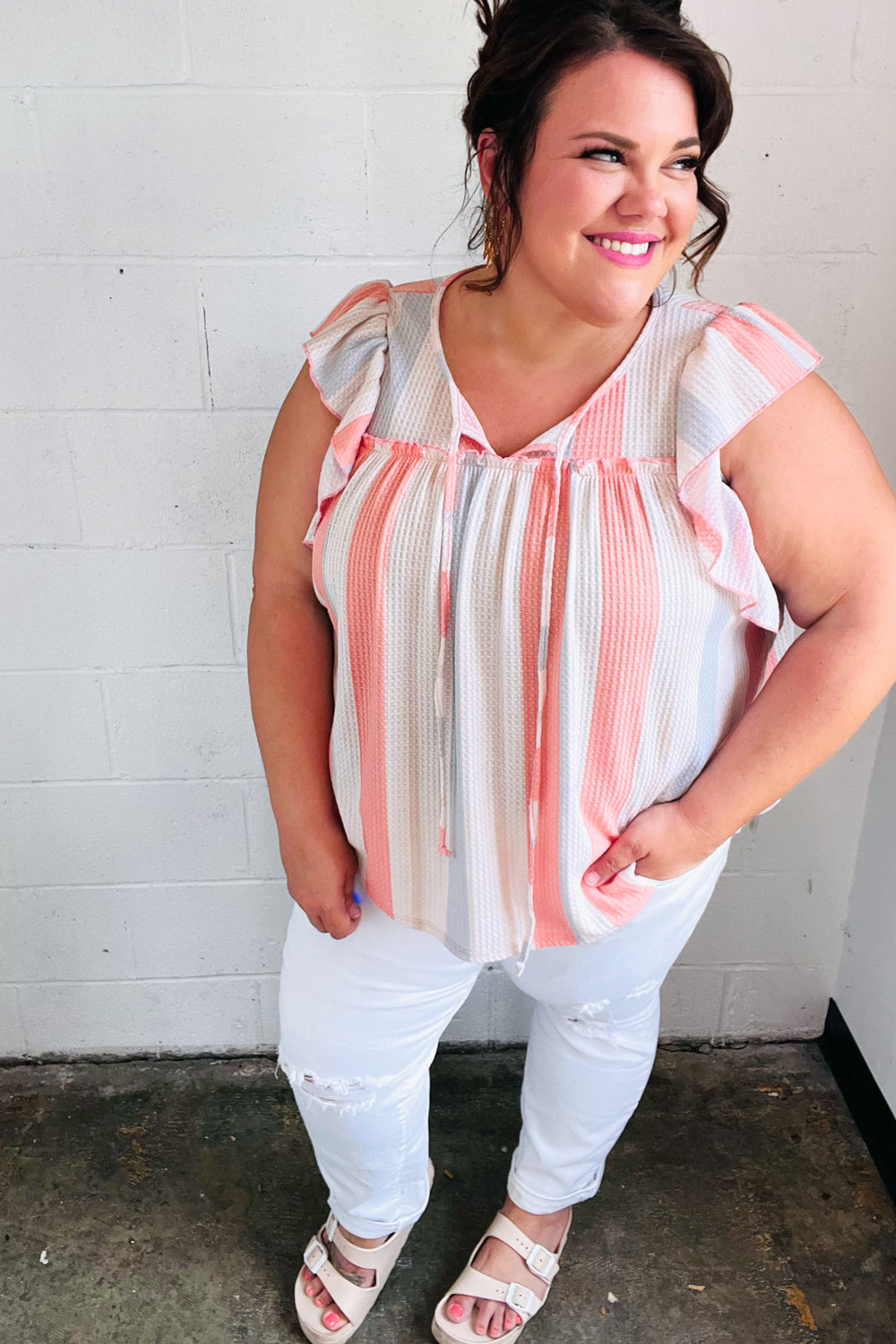 Coral & Light Blue Striped Waffle Knit Tie Neck Blouse - Women's Casual Summer Tops for Beach, Vacation & Date Night Outfits