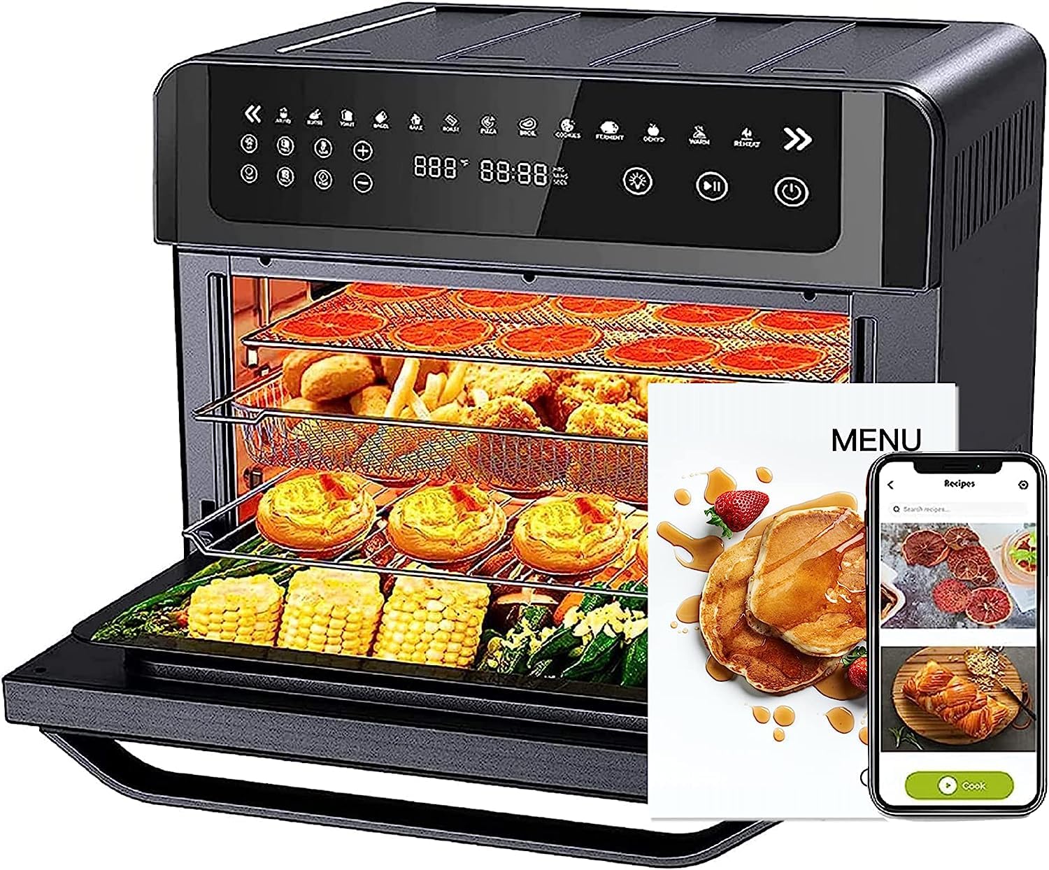 Gevi 12-in-1 Air Fryer Toaster Oven Combo - Large Digital LED Convection Oven with Rotisserie & Dehydrator, Extra Large Capacity Countertop Oven for Baking, Roasting & Air Frying - Includes Online Recipes & Cookbook - Perfect for Family Dinners & Healthy Cooking