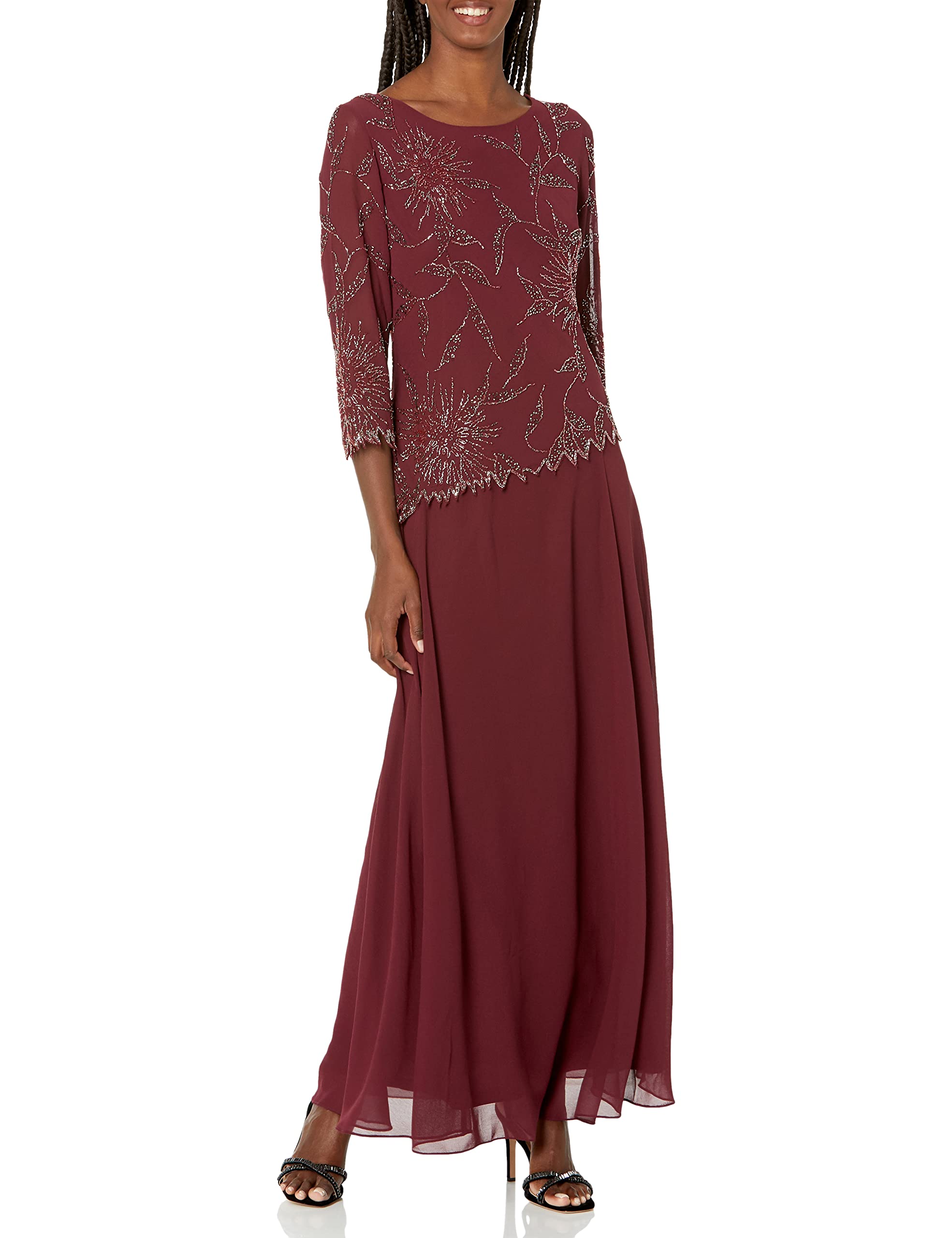 J Kara Plus Size Women's Beaded Scoop Neck 3/4 Sleeve Long Dress for Evening Party, Wedding Guest & Special Occasions