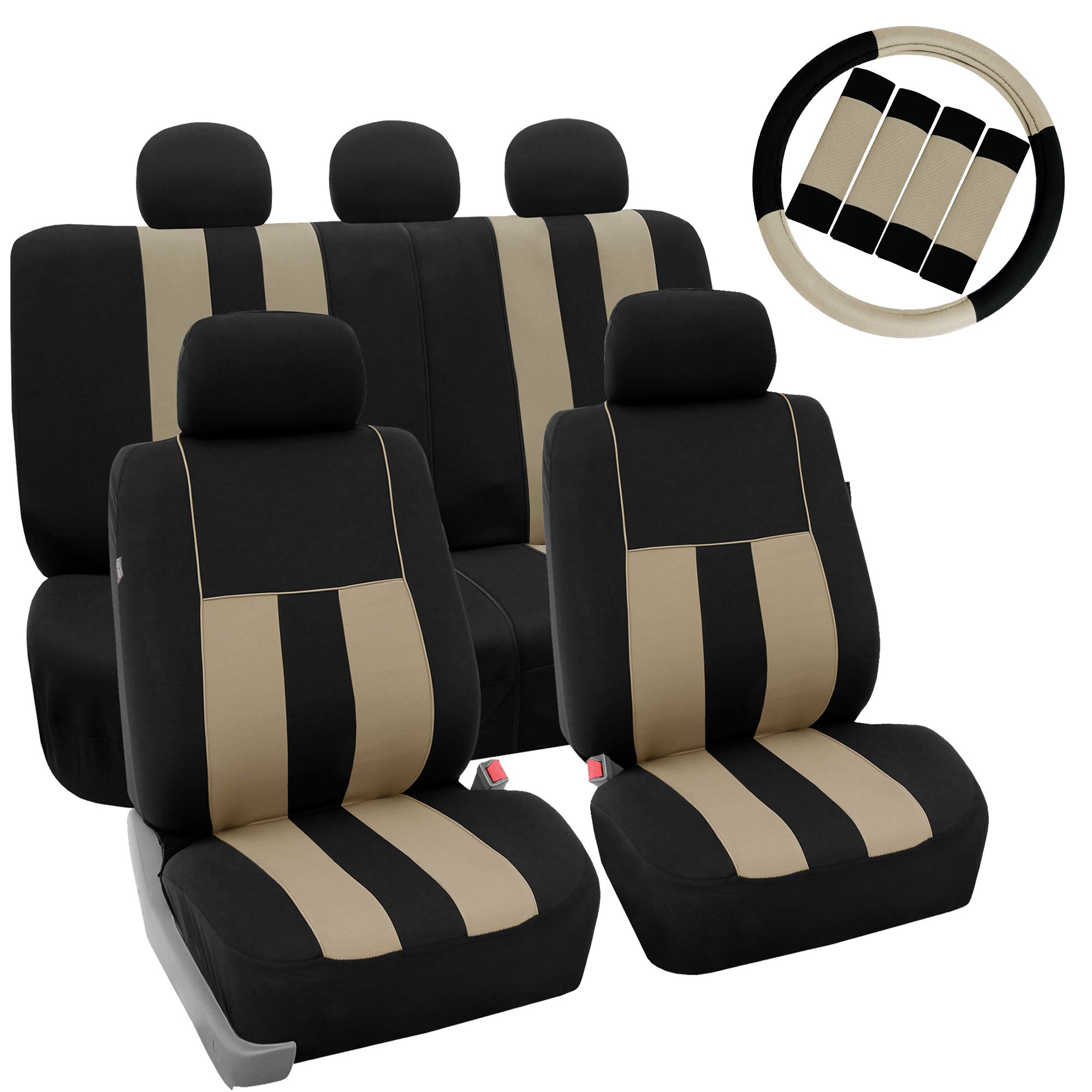 Premium FH Group Beige Striped Universal Car Seat Covers - Full Set with Airbag Compatibility & Split Rear Design | Perfect for Cars, Trucks & SUVs | Durable Interior Accessories for Daily Commute, Road Trips & Family Protection