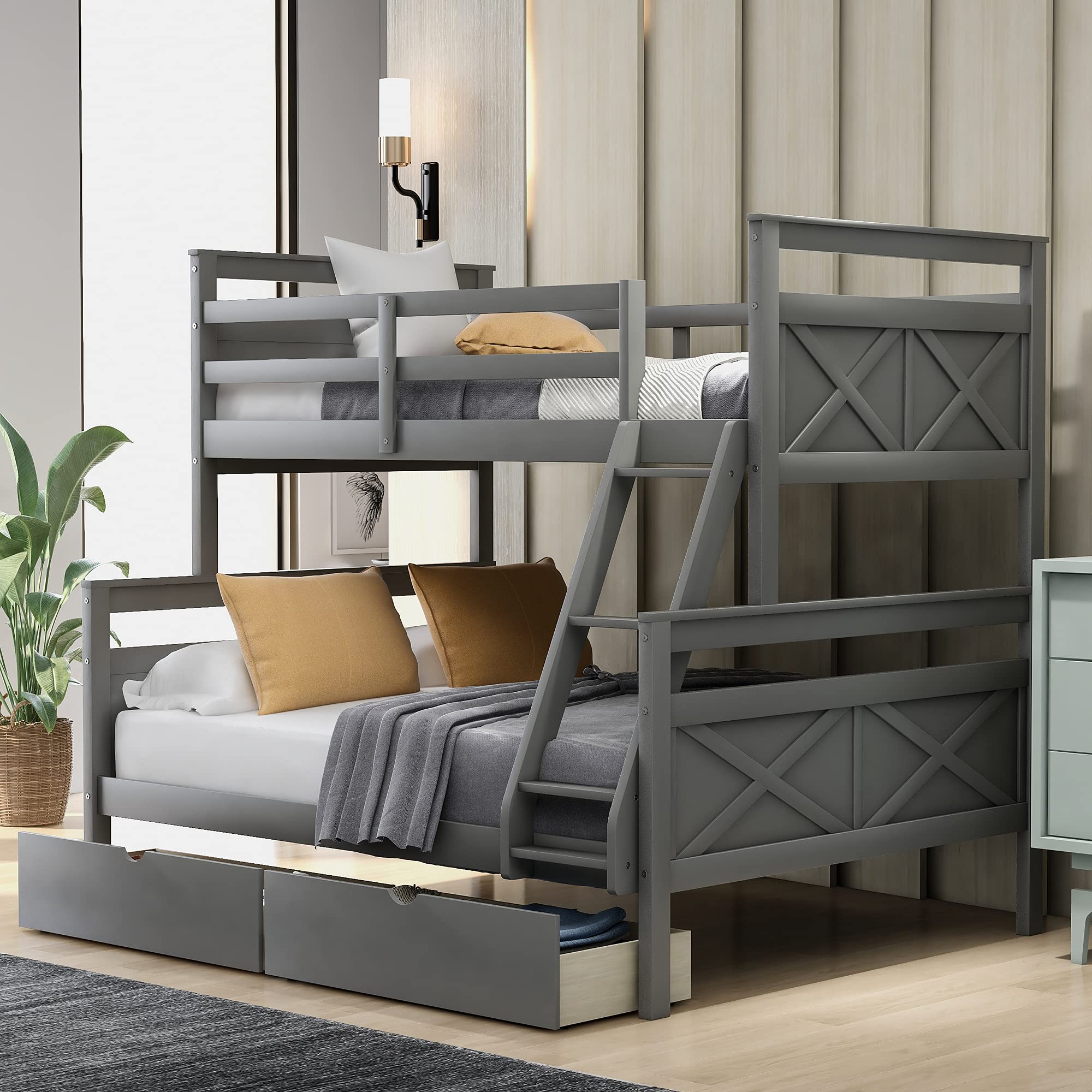 Olela Twin Over Full Bunk Bed with Ladder & Safety Rail - Pine Wood Bunk Beds for Kids, Teens, Boys & Girls - Space-Saving Storage Bed with Drawers in Gray - Perfect for Small Bedrooms, Dorms & Shared Kids' Rooms