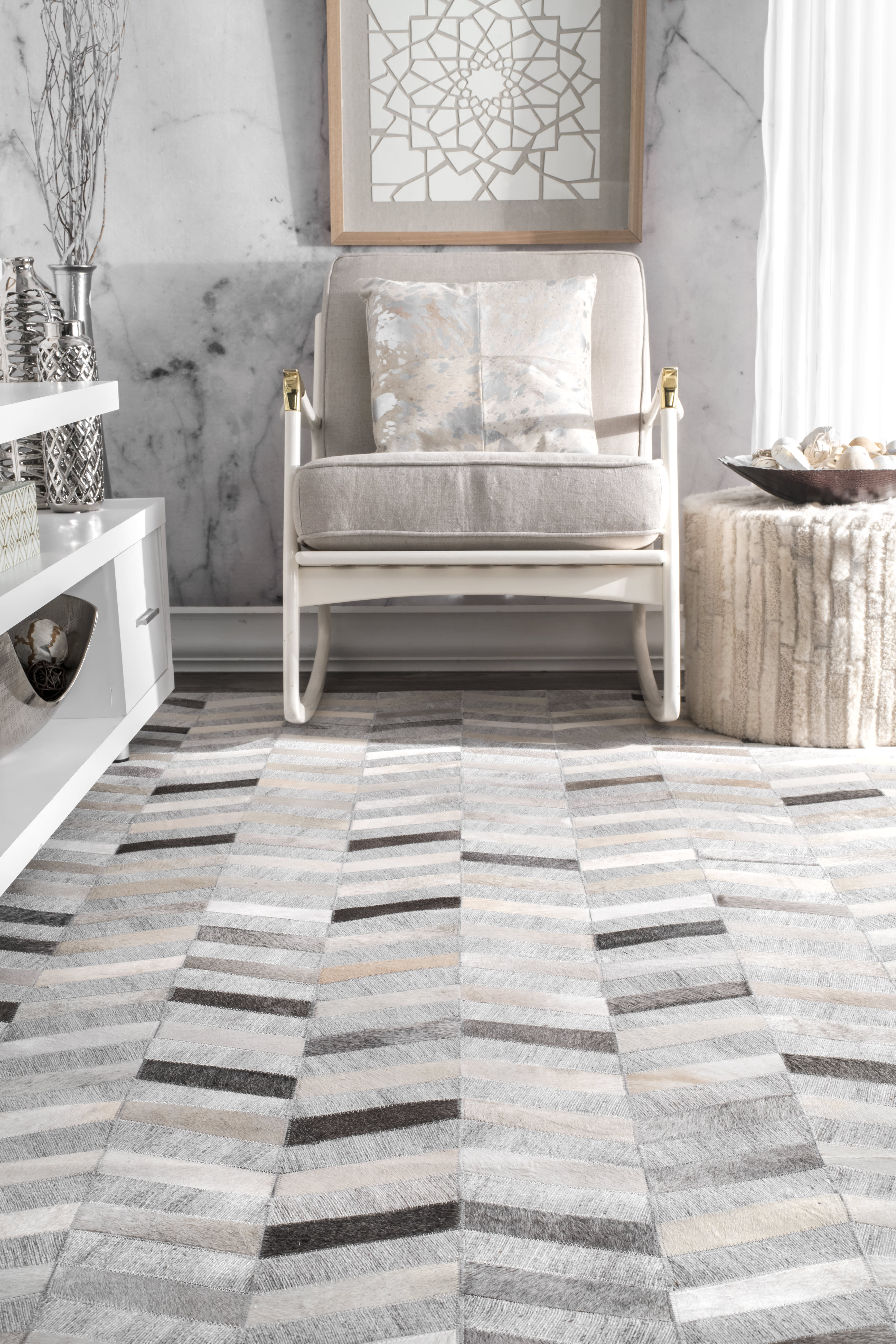 Luxury Cowhide Herringbone Pattern Area Rug in Silver - Perfect for Living Room, Bedroom & Office Decor
