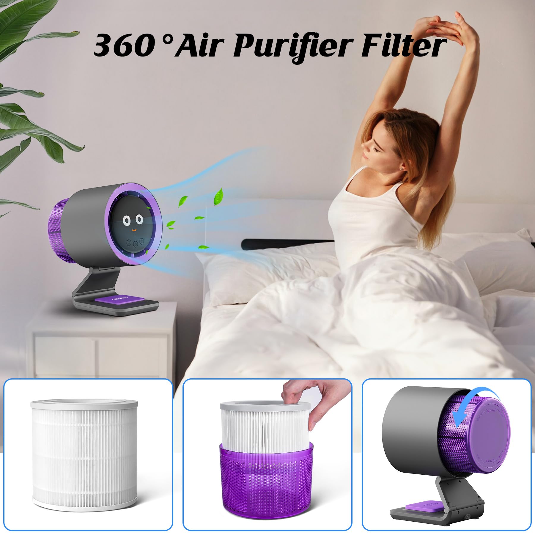 9.06 Inch Portable Desk Fan with Air Purifier - 4 Speed Quiet Cooling Fan for Home, Office & Bedroom - Personal Fan with 4 Mood Lights for Work, Study & Sleep