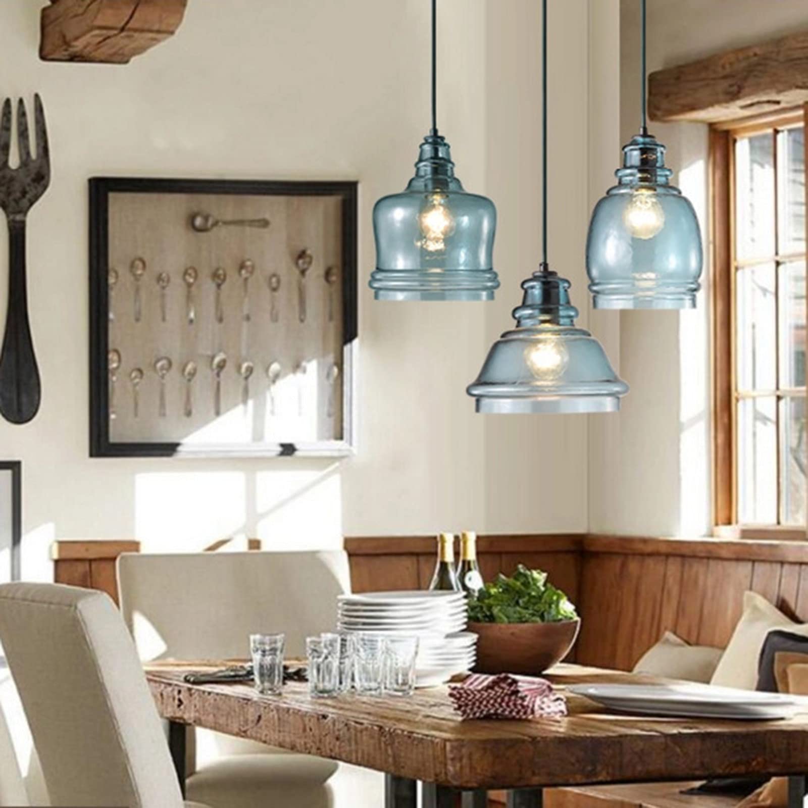 3-Light Water Pattern Blue Glass Pendant Light Fixtures - Modern Kitchen Island Hanging Chandelier, Round Ceiling Lamp for Dining Room, Bar & Breakfast Nook Lighting