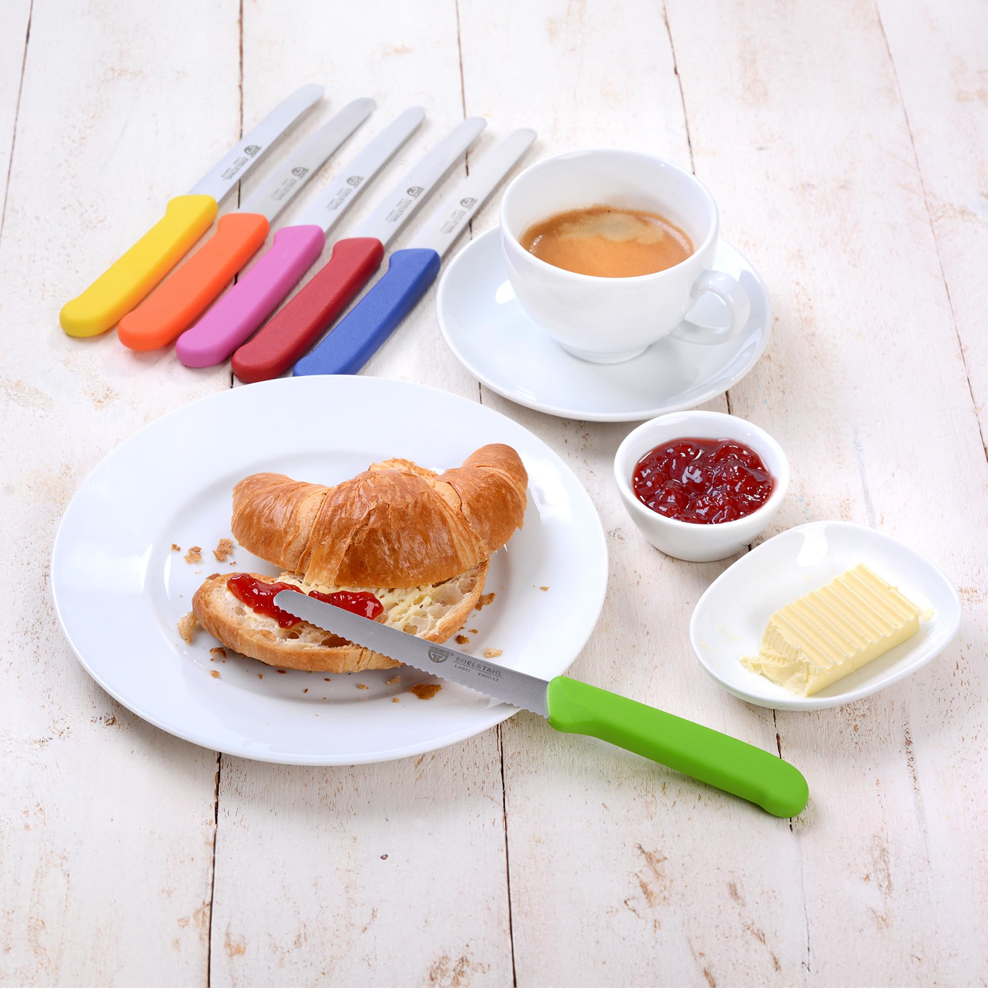 6-Piece Table Knife Set - 8.3 Inch Serrated Bread Knives for Cutting, Breakfast & Kitchen Use - Colorful Stainless Steel Knives (Pack of 6) - Perfect for Slicing Bread, Fruits, Cakes & Daily Meal Prep