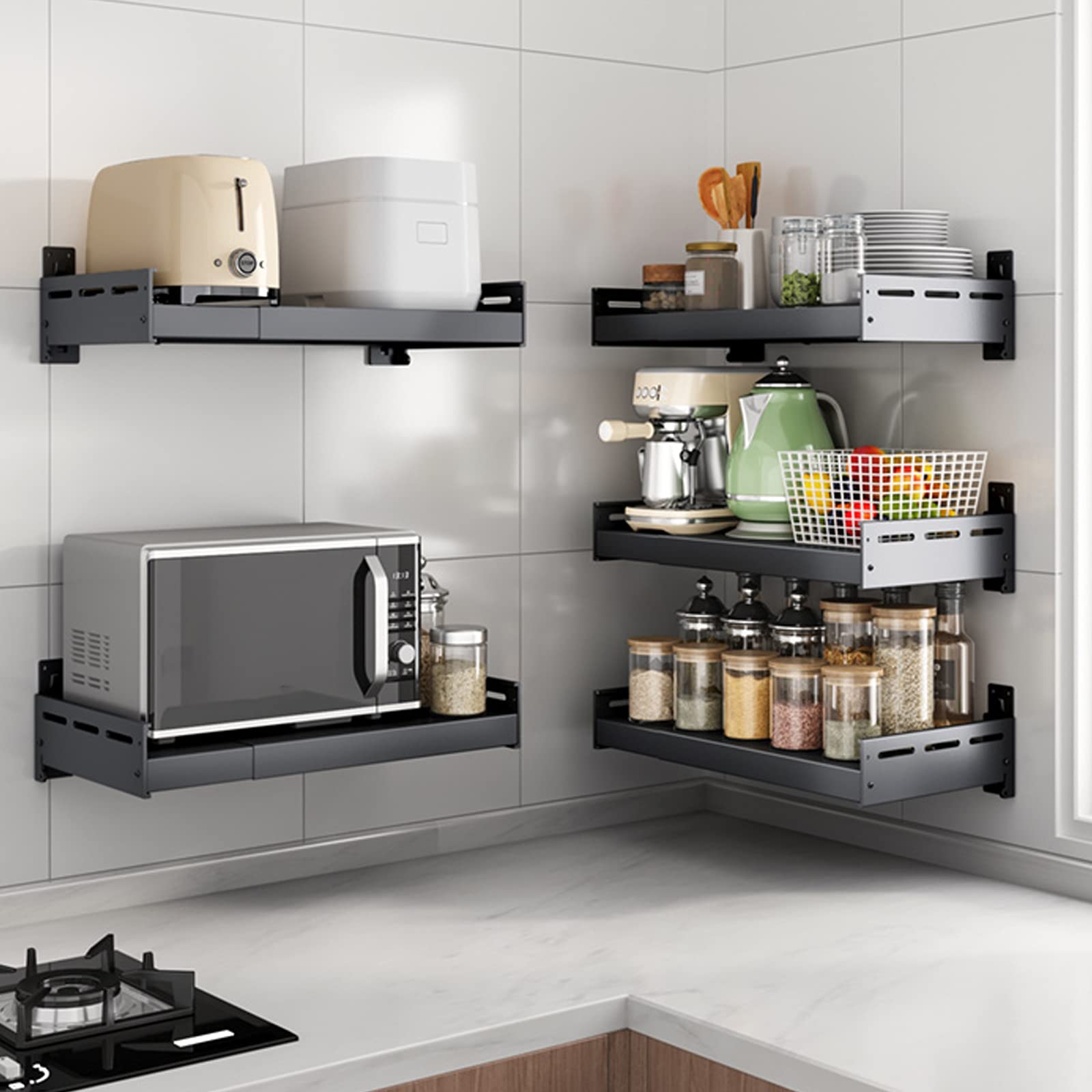 Universal Adjustable Stainless Steel Microwave Oven Rack - Wall Mounted Retractable Kitchen Storage Shelf for Microwave & Oven | Space-Saving Solution for Small Kitchens & Countertop Organization