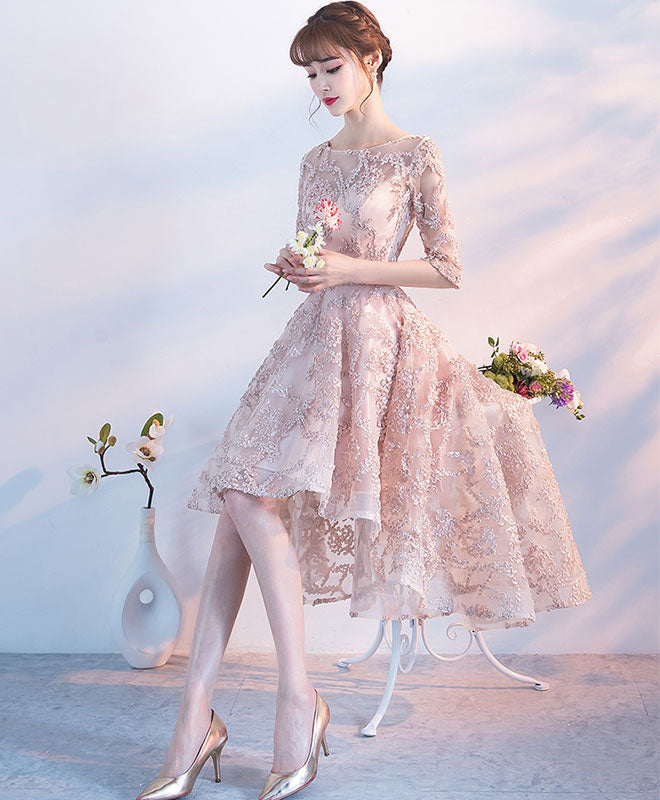 Elegant Champagne High Low Prom Dress with 1/2 Sleeves - Perfect for Homecoming, Party & Special Occasions