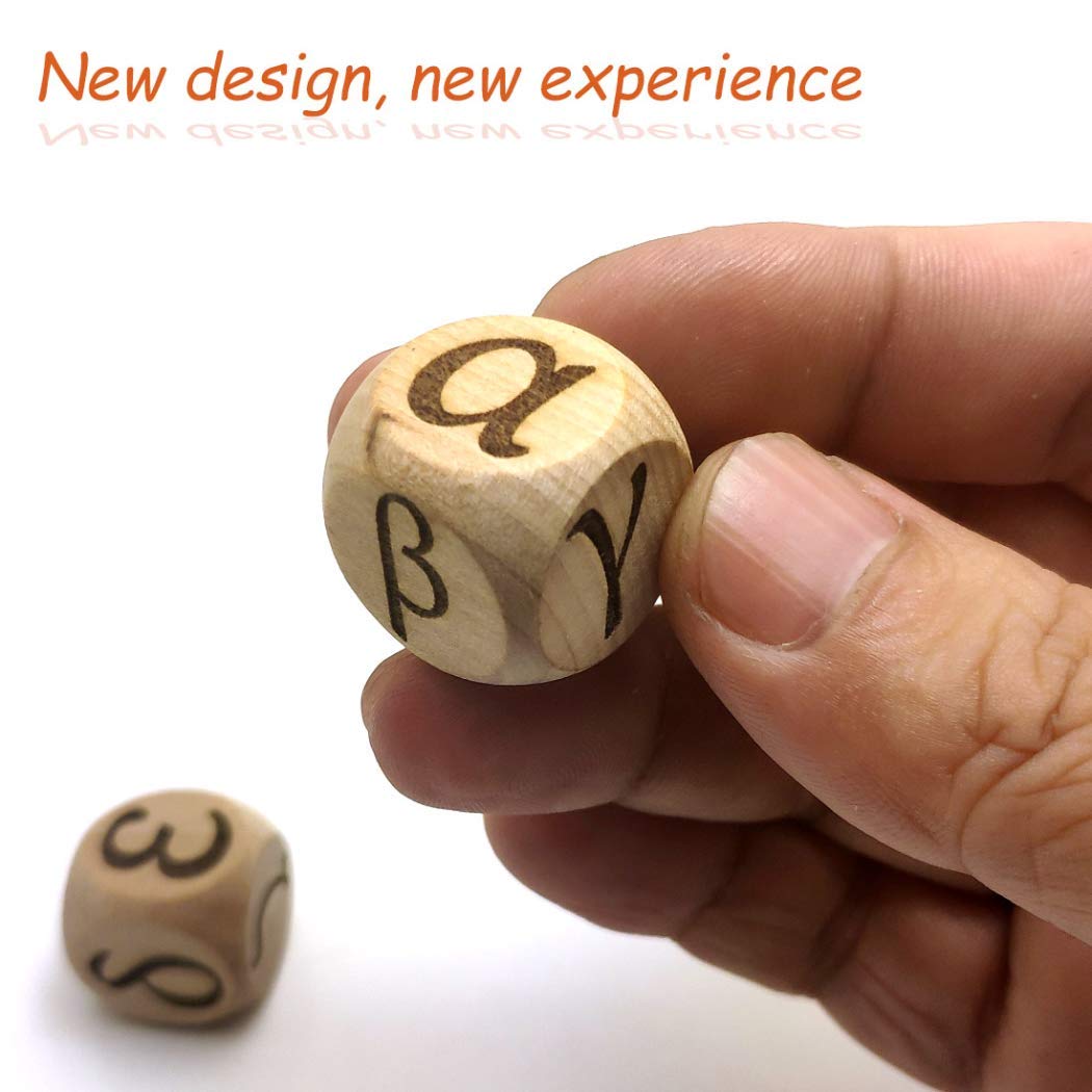 20MM Wooden Dice Set - Greek Alphabet Pattern, 6-Piece Creative Wood Rolling Dices for Board Games, Party Decider, D&D, Tabletop RPG Accessories - Perfect for Game Nights & Roleplaying Adventures