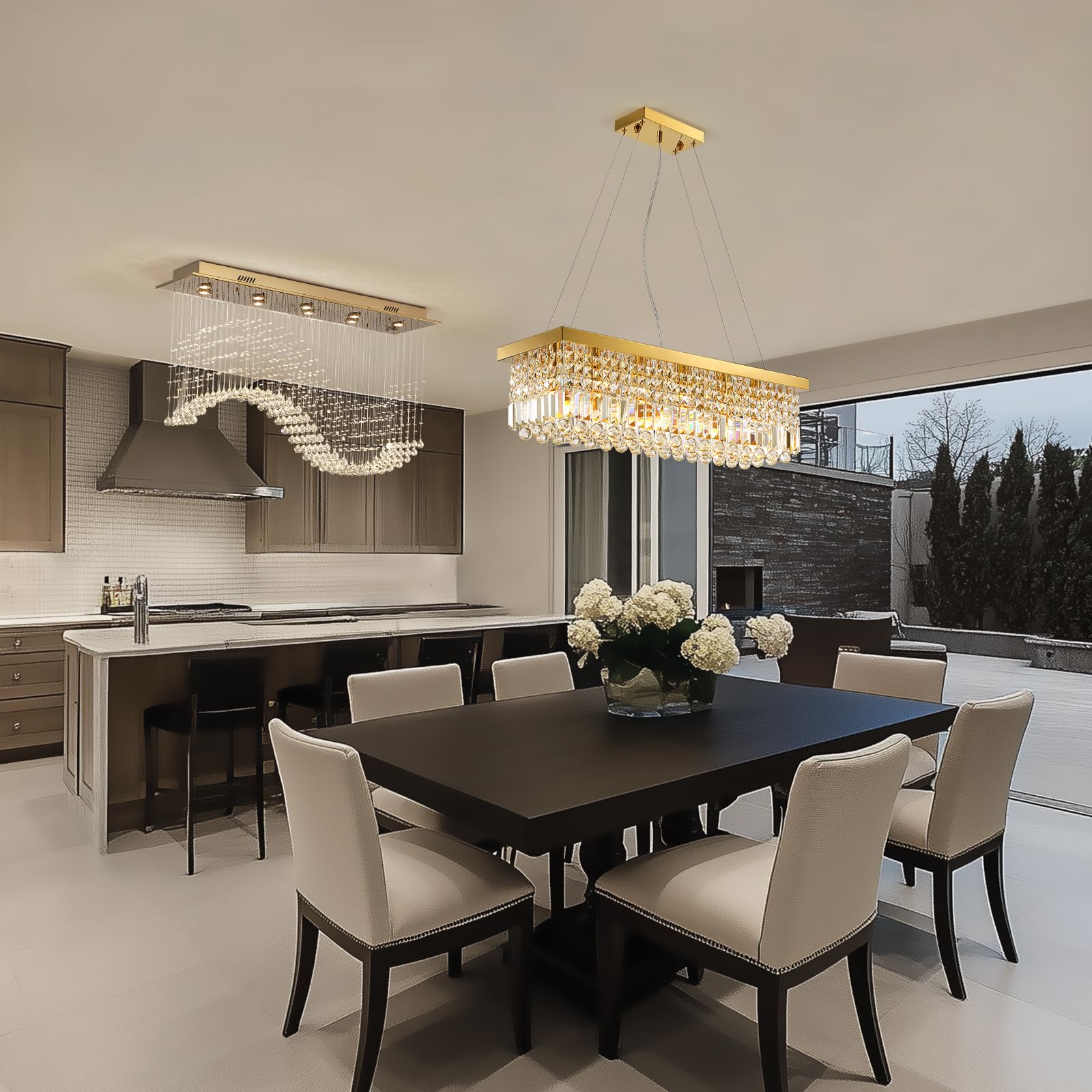 Siljoy 6-Light Modern Crystal Chandelier - Rectangular Gold K9 Crystal Raindrop Pendant Light for Dining Room, Living Room & Kitchen Island (31.5