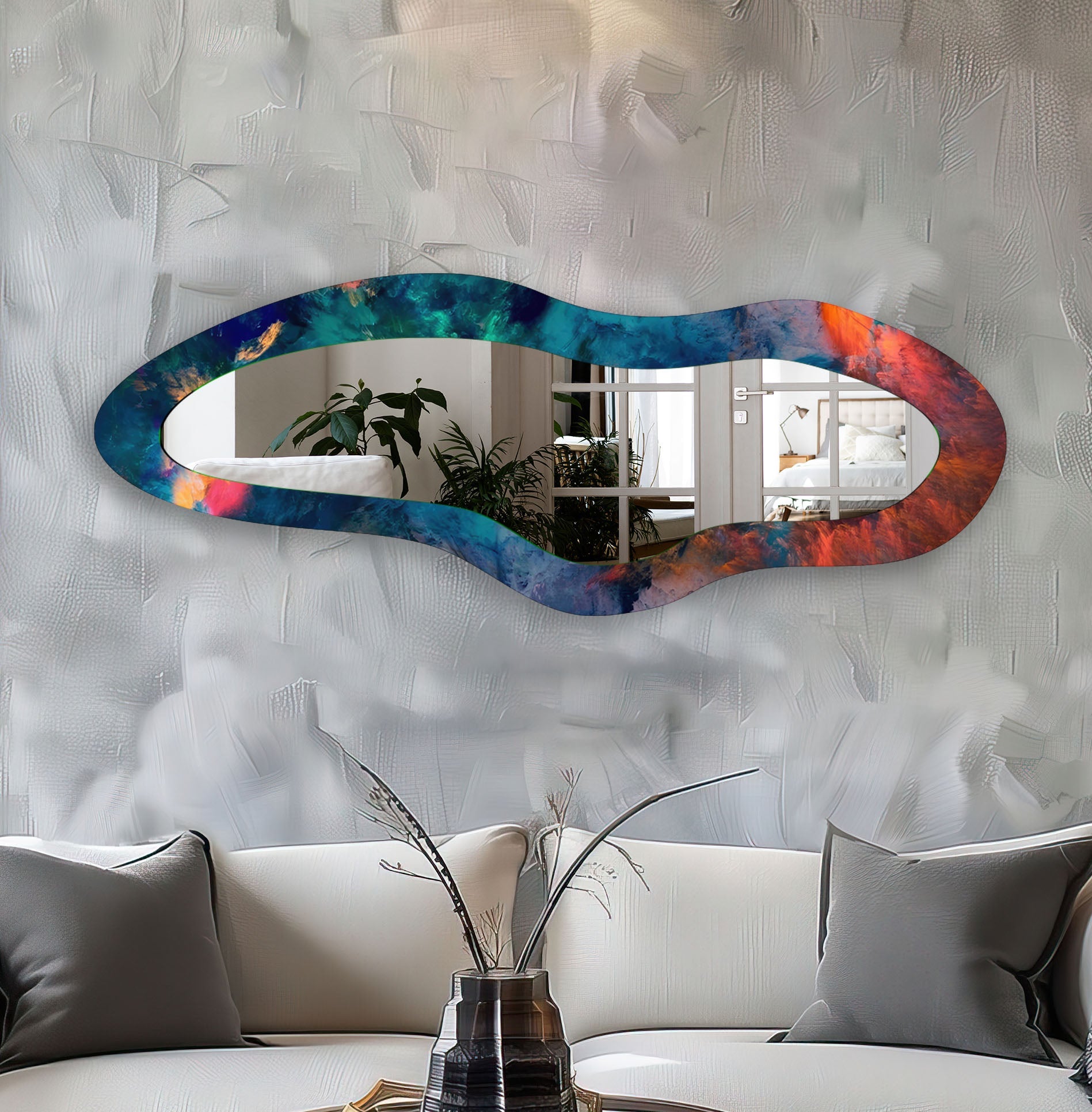 Blue Abstract Modern Glass Wall Mirror - Elegant Home Decor for Living Room, Bedroom & Entryway