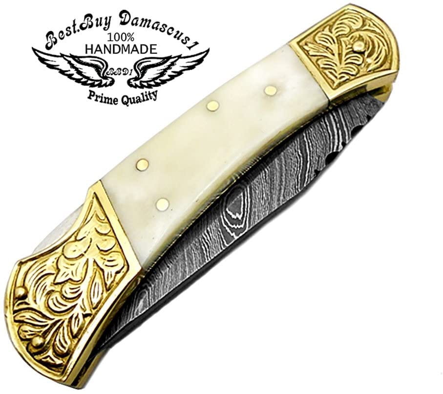 Handmade Damascus Folding Pocket Knife with Camel Bone Handle - 7.5