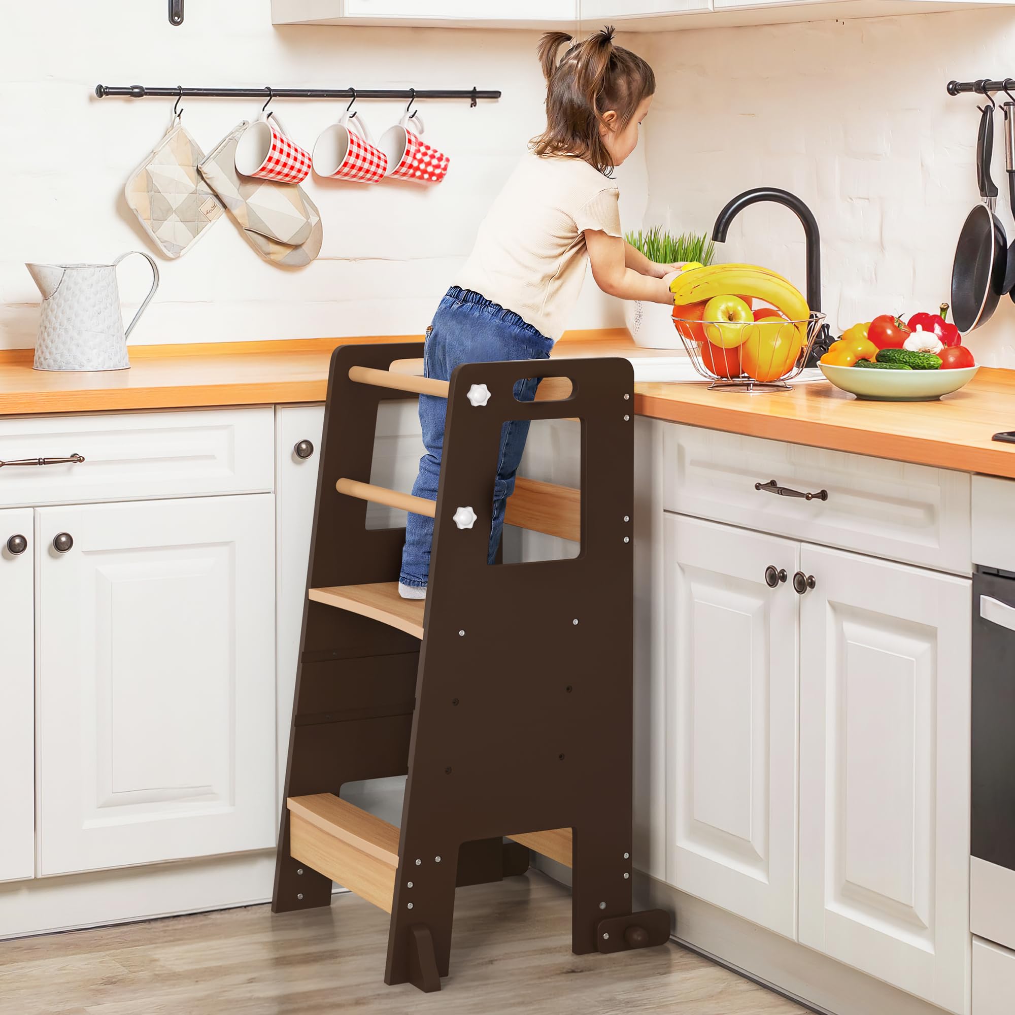 **Adjustable Toddler Step Stool with Safety Rails - Dark Natural Wood Kitchen Helper Tower for Kids - Perfect for Cooking, Bathroom Sink & Bedroom Climbing**