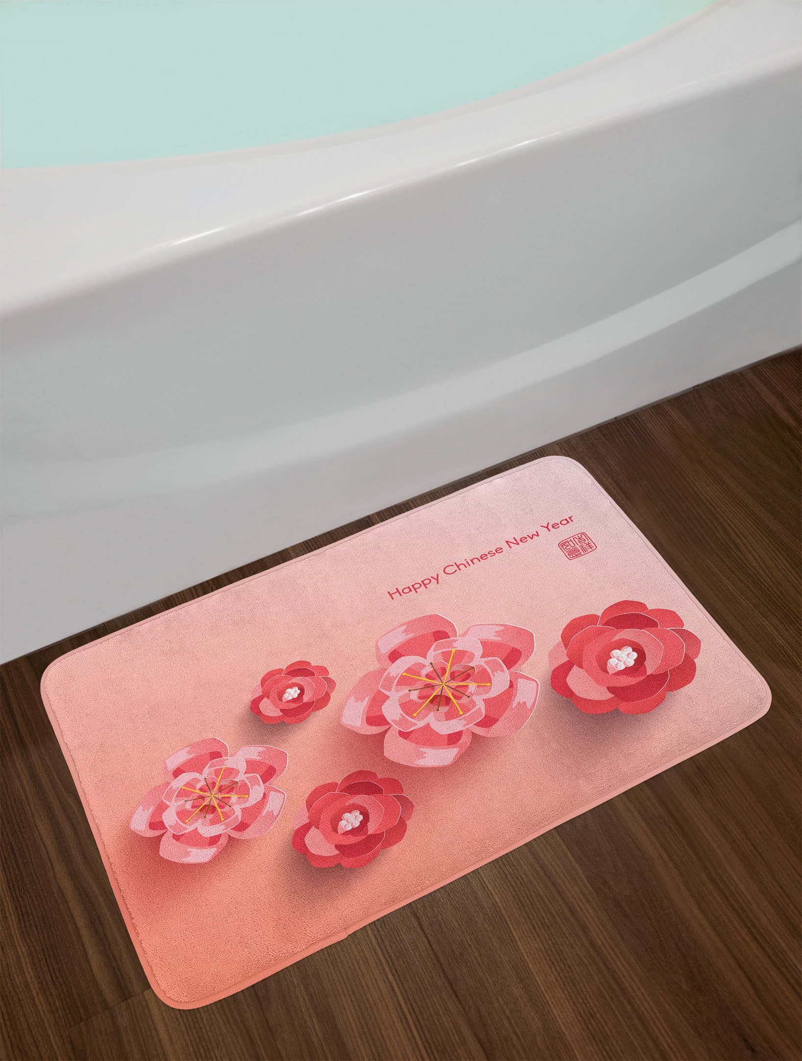 Ambesonne Chinese New Year Bath Mat - Pink Floral Zodiac Design, Non-Slip Plush Bathroom Rug, 30.2