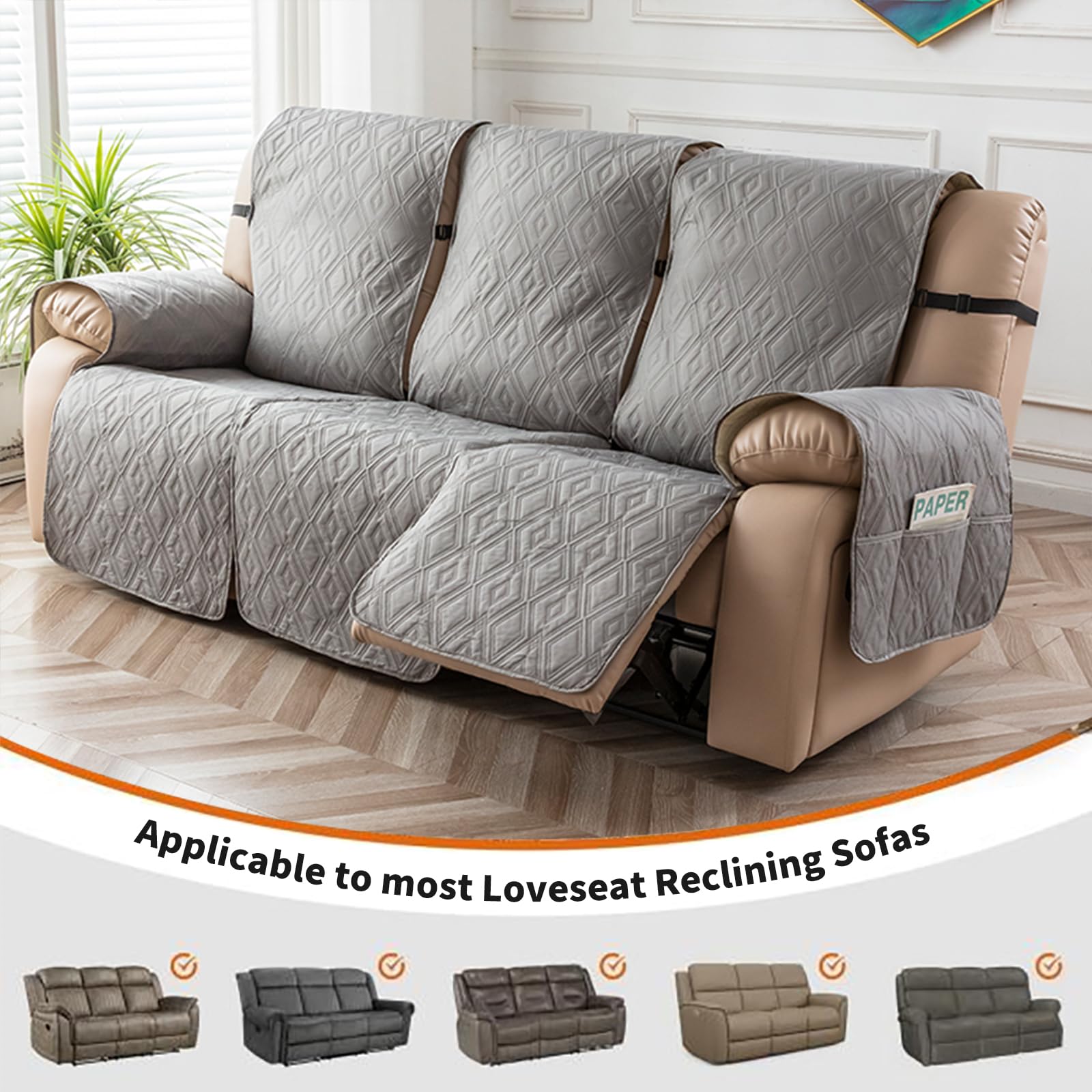 Genina Waterproof Reclining Couch Cover - Non-Slip Washable 3-Seater Sofa Protector for Pets, Kids & Furniture (Light Gray) | Perfect for Living Room, Family Room & Pet-Friendly Homes