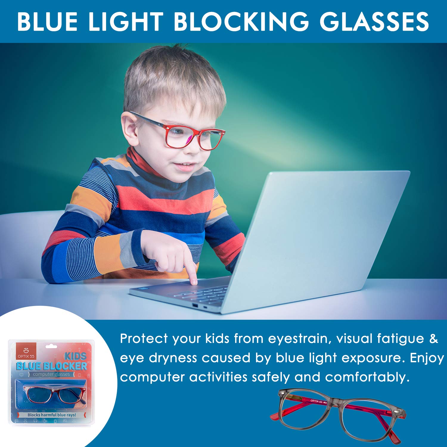 Blue Light Blocking Glasses for Kids (Ages 3-10) - Anti Eyestrain Computer Gaming Glasses with Flexible Red Square Frames | Perfect for Online Learning, Video Games & Screen Time Protection
