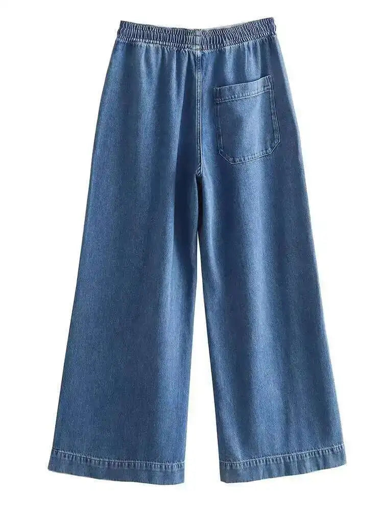 Big Size Blue Denim Shirt & Wide Leg Pants Two-Piece Suit for Women - Lapel Long Sleeve Fashion Outfit for Spring/Autumn 2025 (Style 1DH6390) | Perfect for Office Wear, Casual Outings & Special Occasions