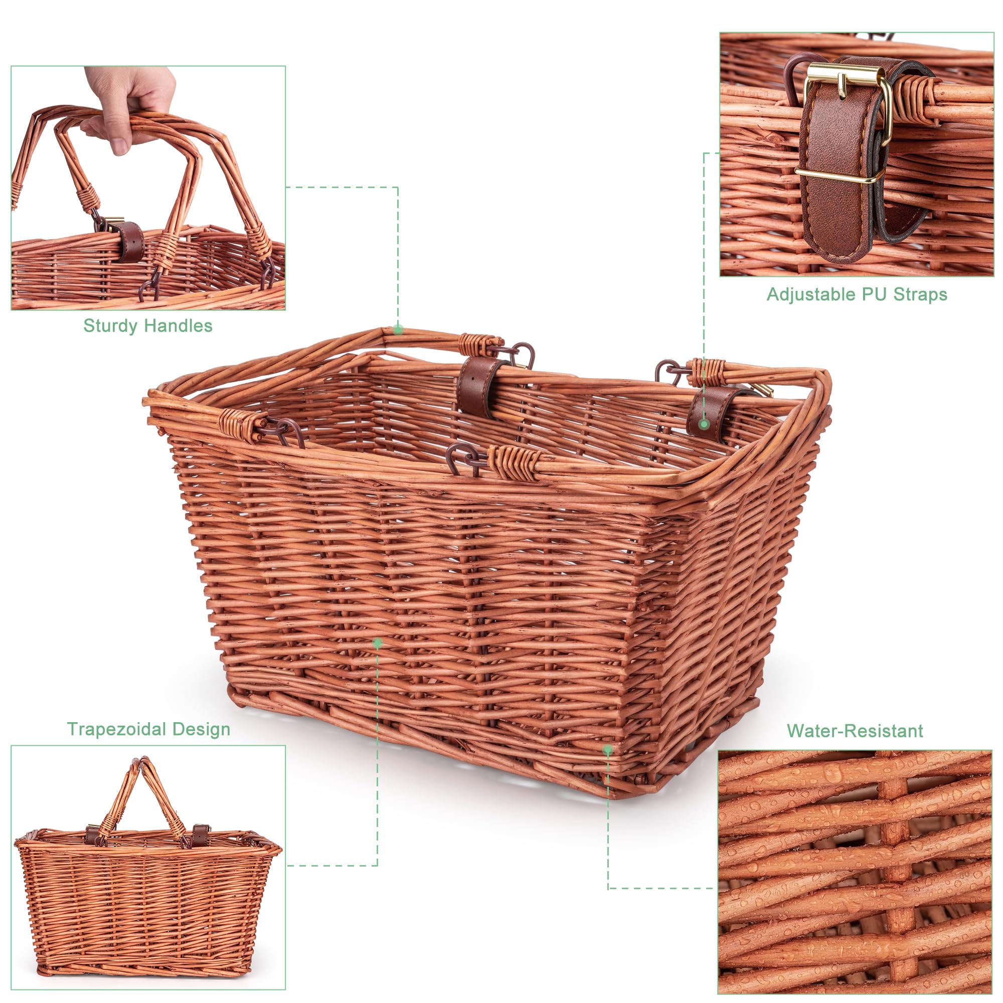 Original Handmade Woven Wicker Bike Basket with Adjustable Leather Straps - Front Bicycle Basket for Commuting, Shopping & Picnics - Durable Rattan Bike Accessory for Women & Men
