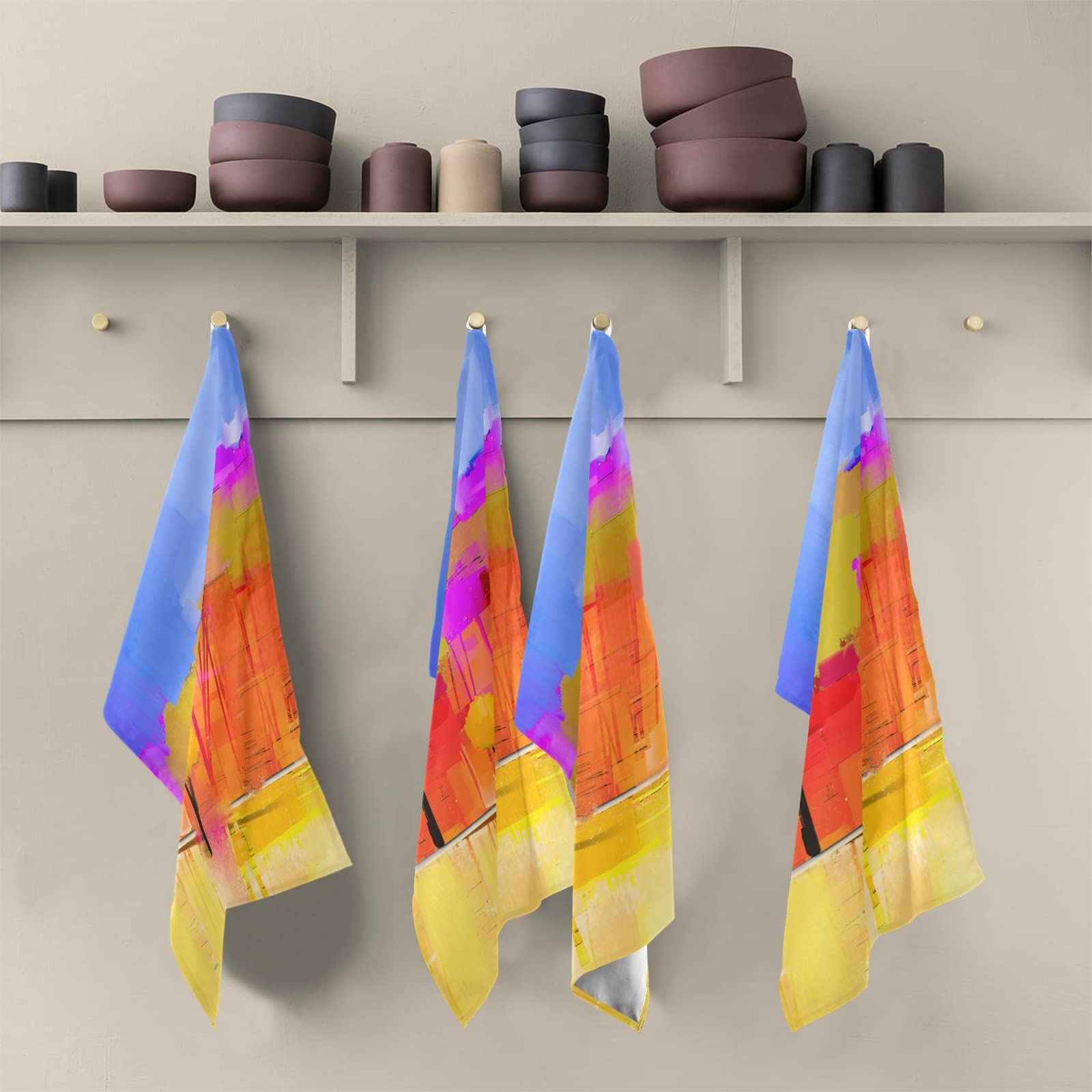 Set of 4 Premium Polyester Kitchen Dish Towels - Yellow, Green, Pink, Red with Blue Sky Print | Waffle Weave Dishcloths, Hemmed Napkins & Hand/Bar Tea Towels with Hanging Loop | Perfect for Kitchen Cleaning, Drying Dishes & Decorative Use