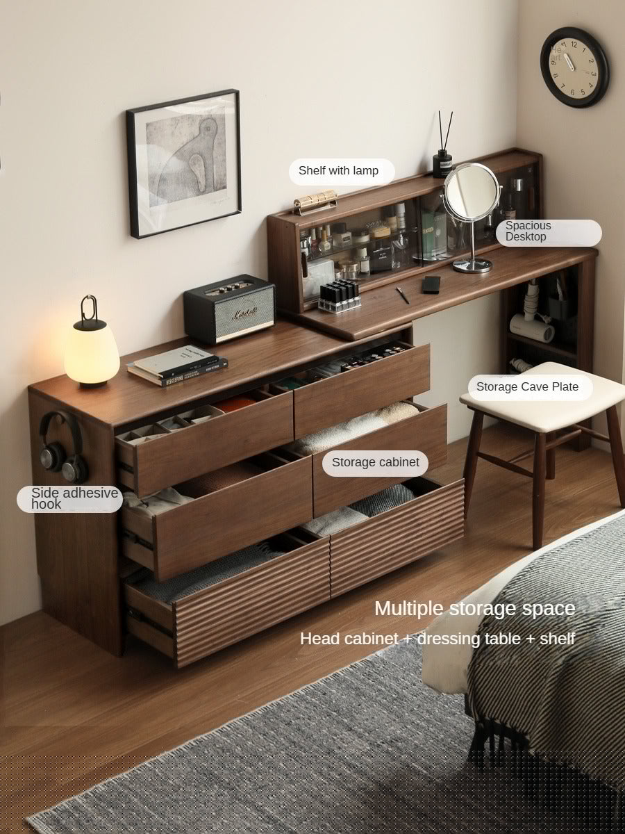 Premium Black Walnut Solid Wood Extendable Vanity Dressing Table with Mirror | Modern Luxury Makeup Desk for Bedroom, Boudoir & Home Decor