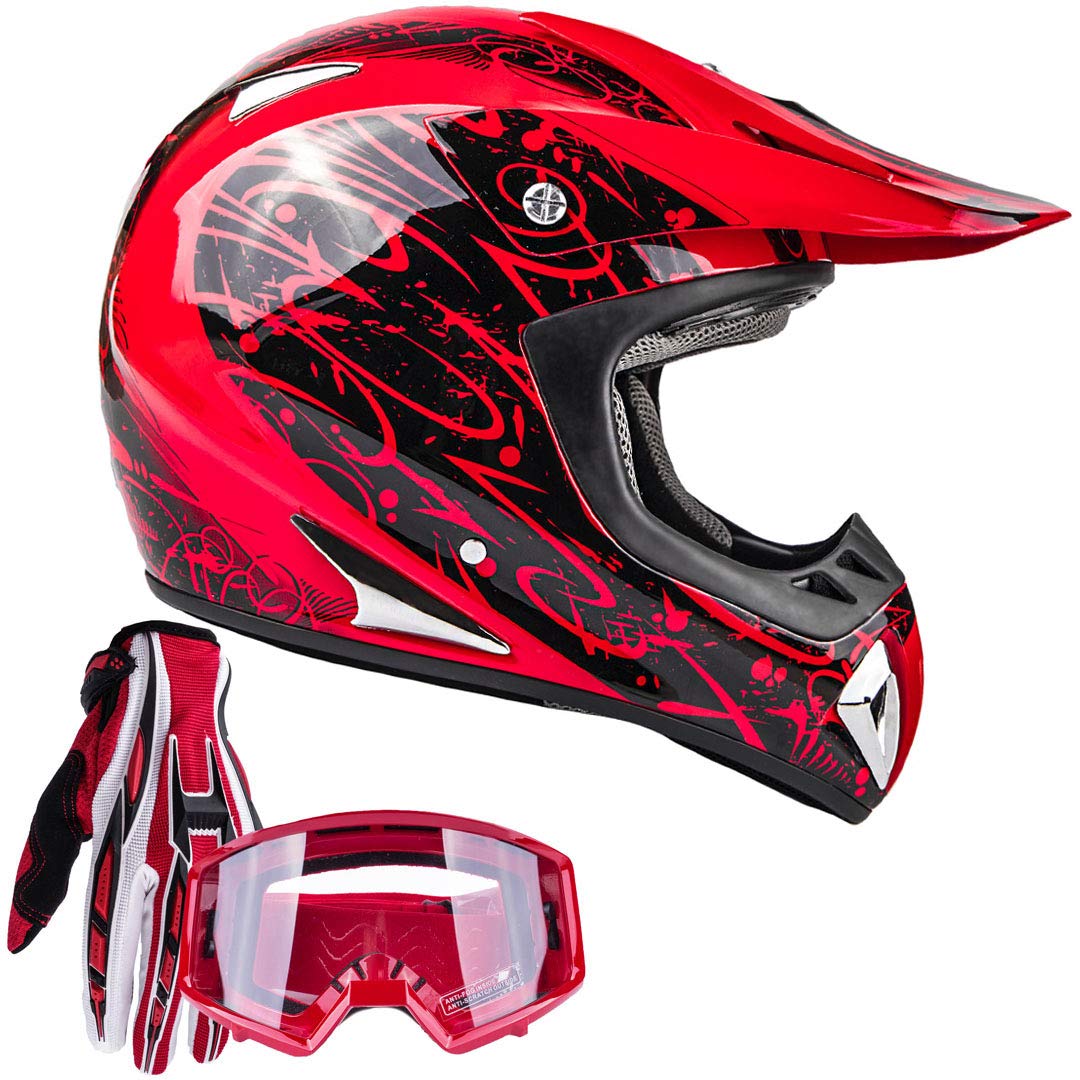 Typhoon Adult ATV MX Helmet Goggles Gloves Gear Combo Set - Red (Medium) | Off-Road Racing, Motocross & Dirt Bike Riding Protective Equipment