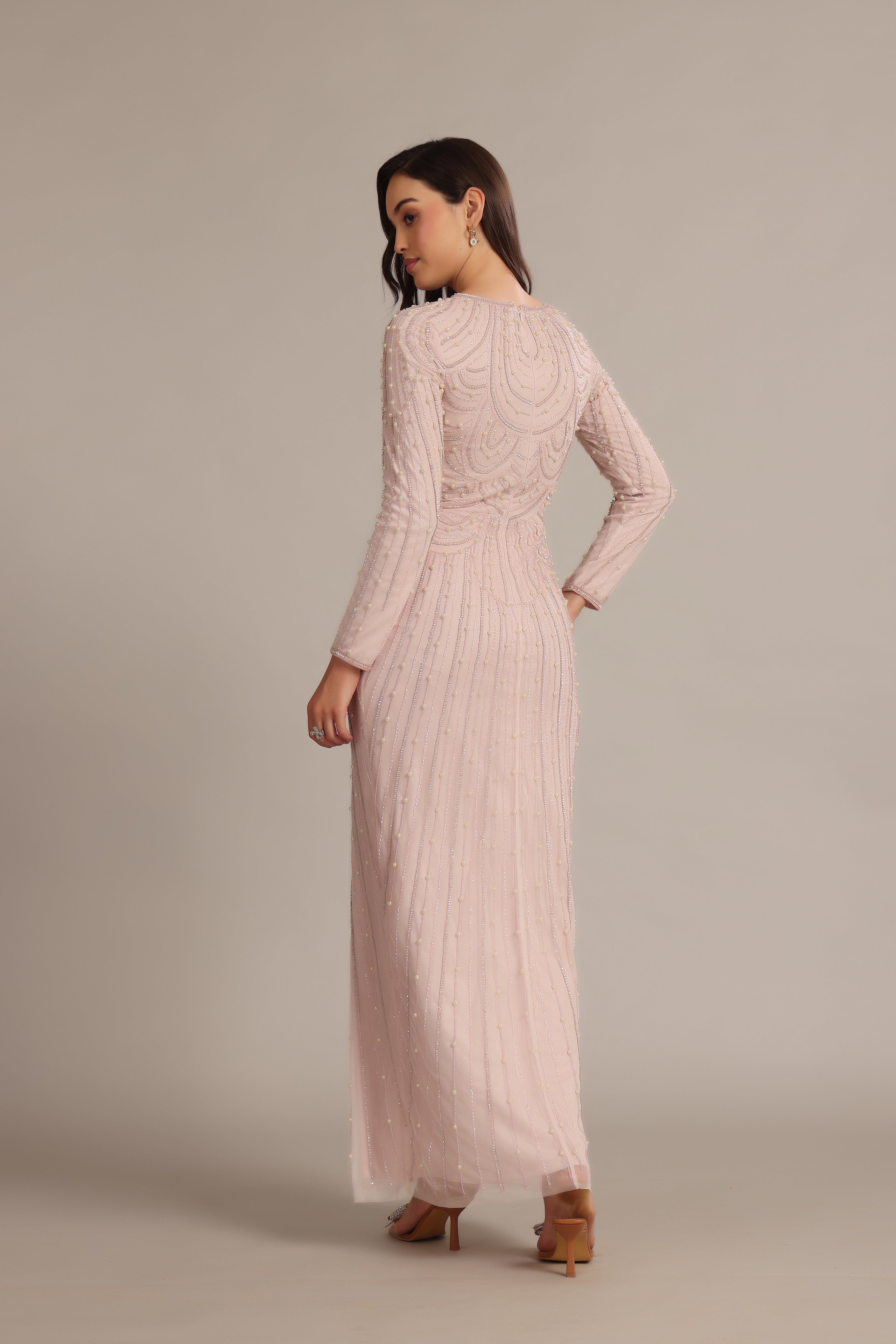 Powder Pink Mabel Embellished Maxi Dress for Women - Elegant Floral Lace Long Dress for Wedding, Party & Special Occasions