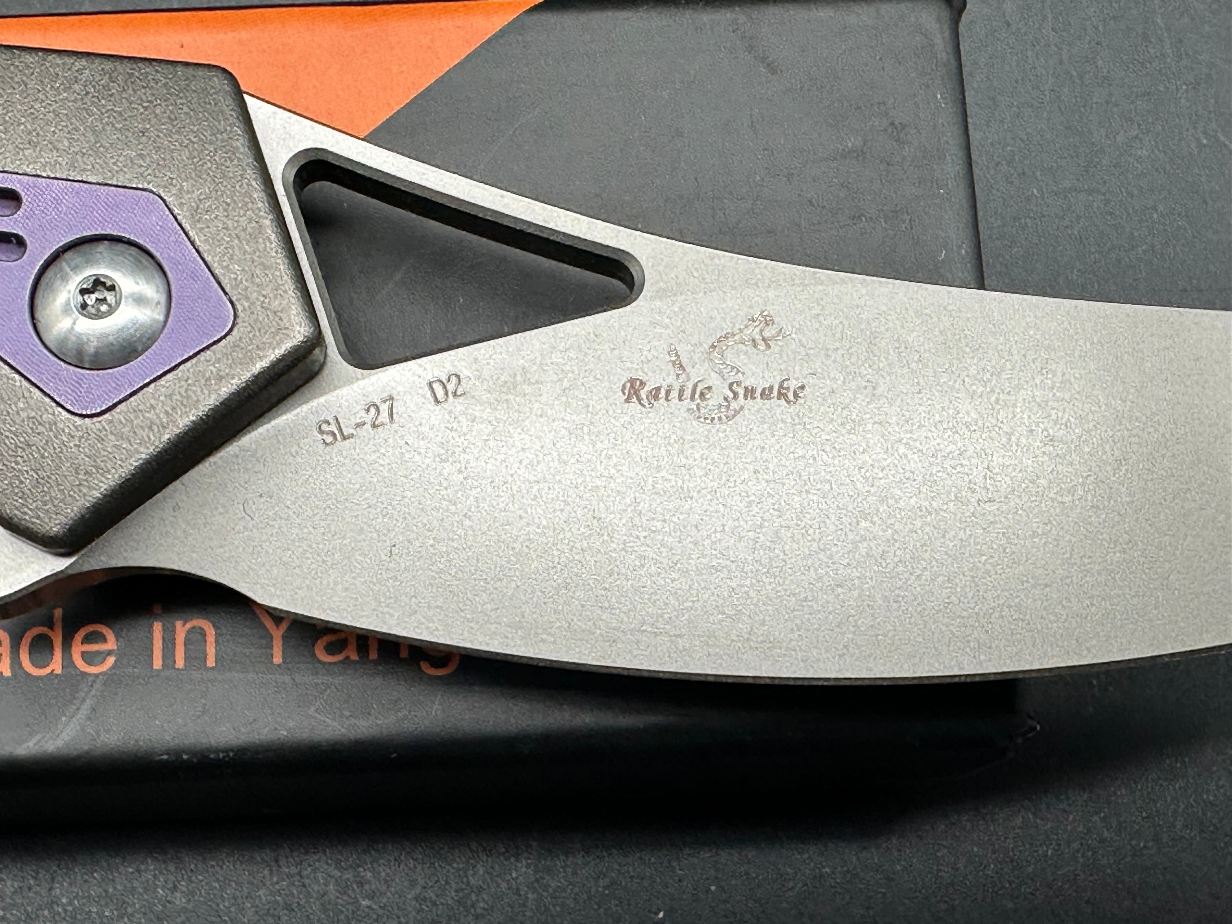 SixLeaf Rattle Snake Design Pocket Knife - Plain Edge D2 Blade, Sandwashed Titanium Handle - EDC, Outdoor, Camping & Survival Tool