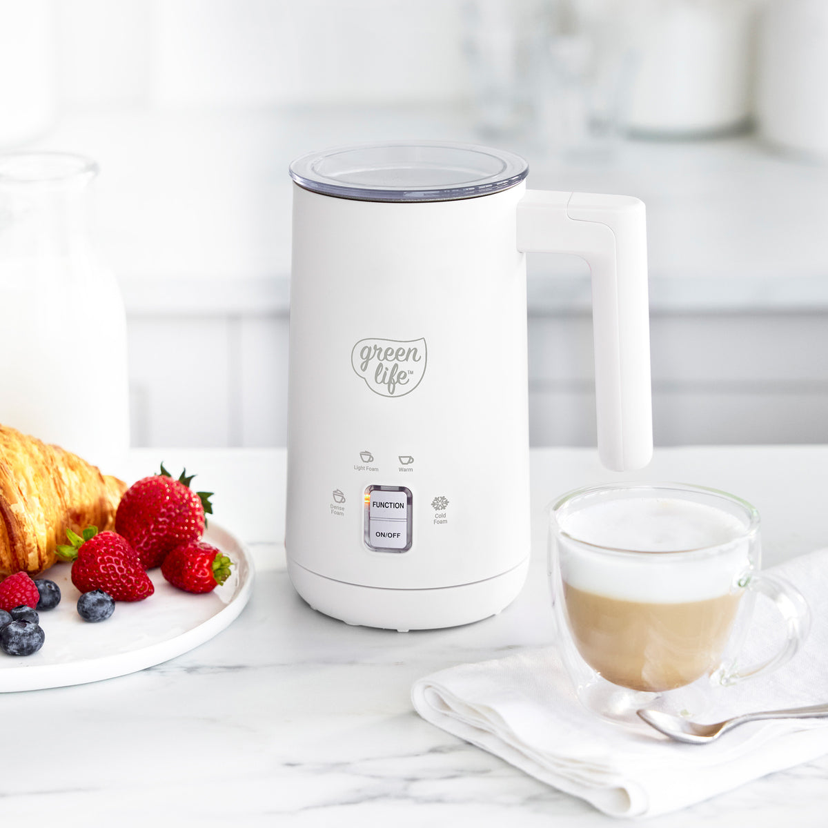 GreenLife Electric Milk Frother - Handheld Automatic Foam Maker for Coffee, Latte & Cappuccino - Perfect for Home, Office & Cafe Use - White