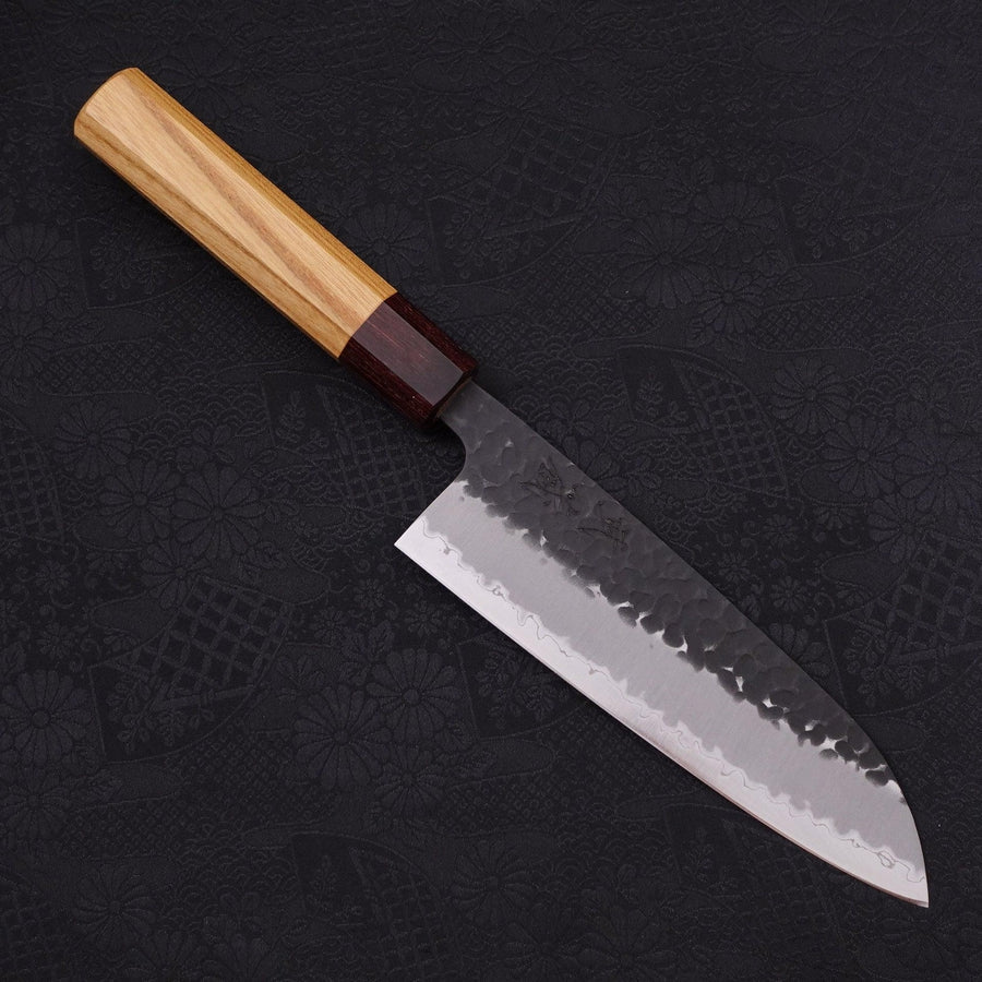 Premium Santoku Knife 170mm - Japanese Blue Super Steel, Stainless Clad, Kurouchi Tsuchime Finish with Zelkova Wood Handle - Perfect for Sushi, Vegetables & Meat Preparation