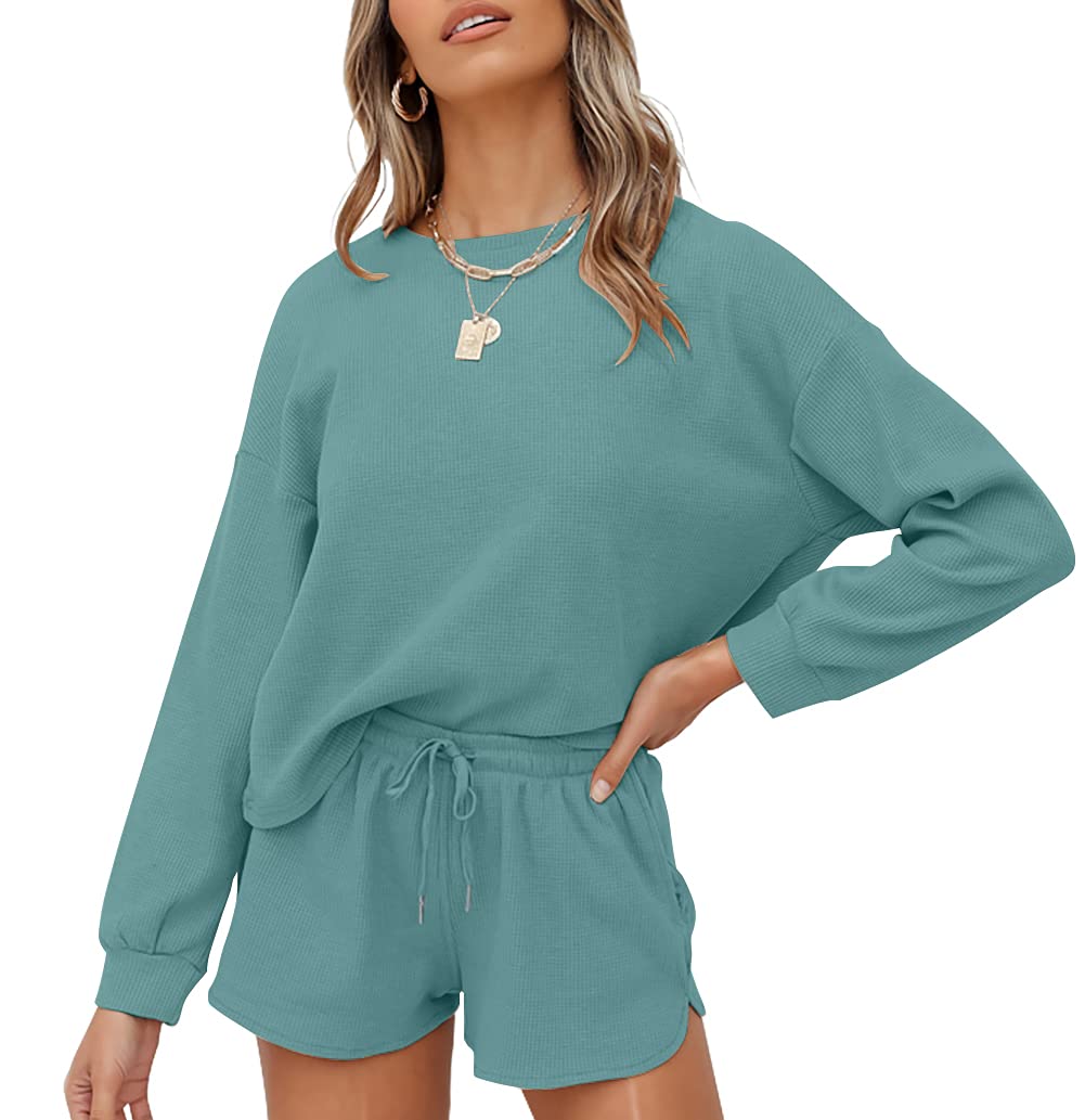 ZESICA Women's Waffle Knit Long Sleeve Top and Shorts Pajama Set with Pockets - Cozy Lounge Wear for Sleep, Relaxing at Home & Vacation Outfits