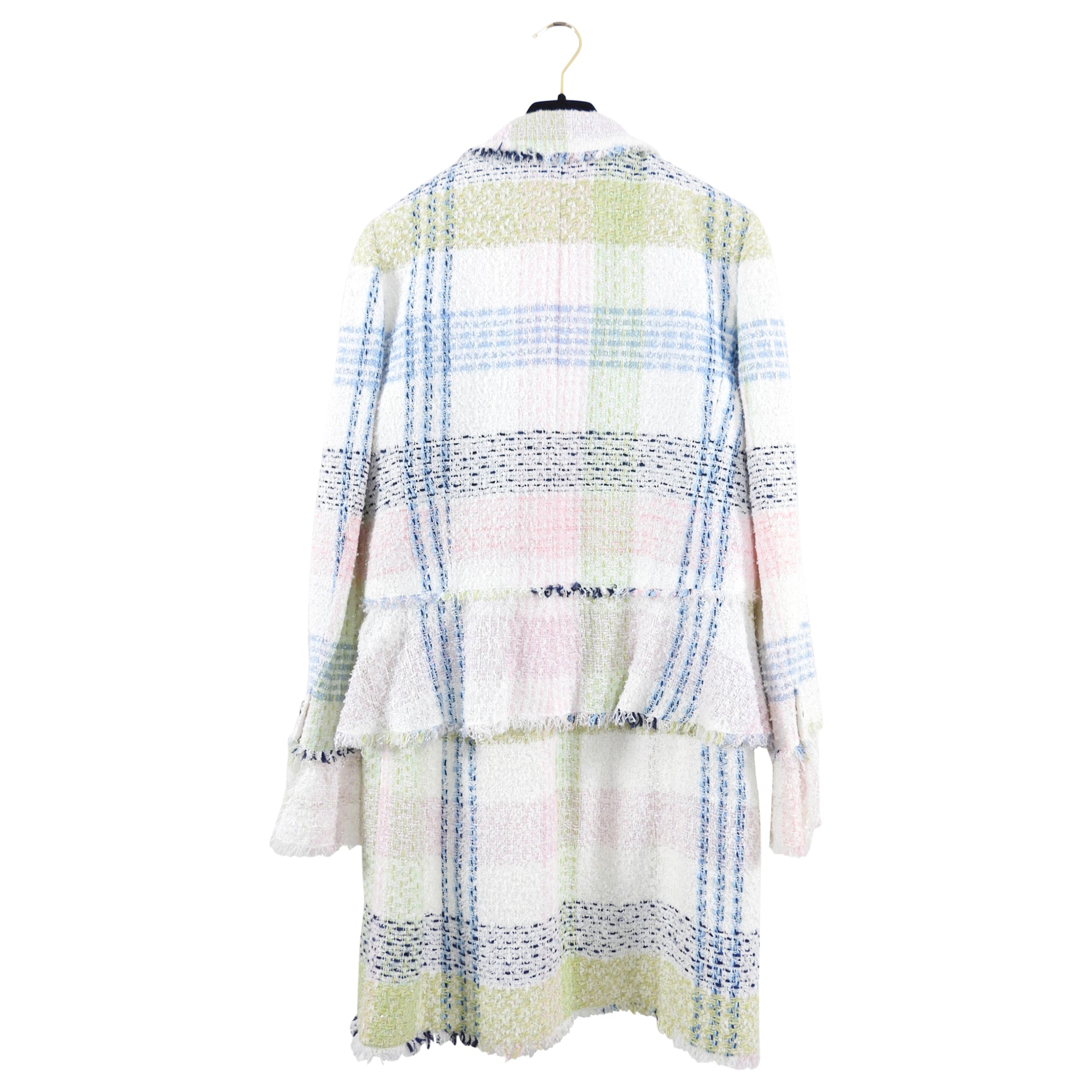 Chanel 05P Pink White Green Blue Tweed Dress and Jacket Suit Set - Size FR46 / XL / US 12 - Luxury Women's Suit for Office, Party & Special Occasions
