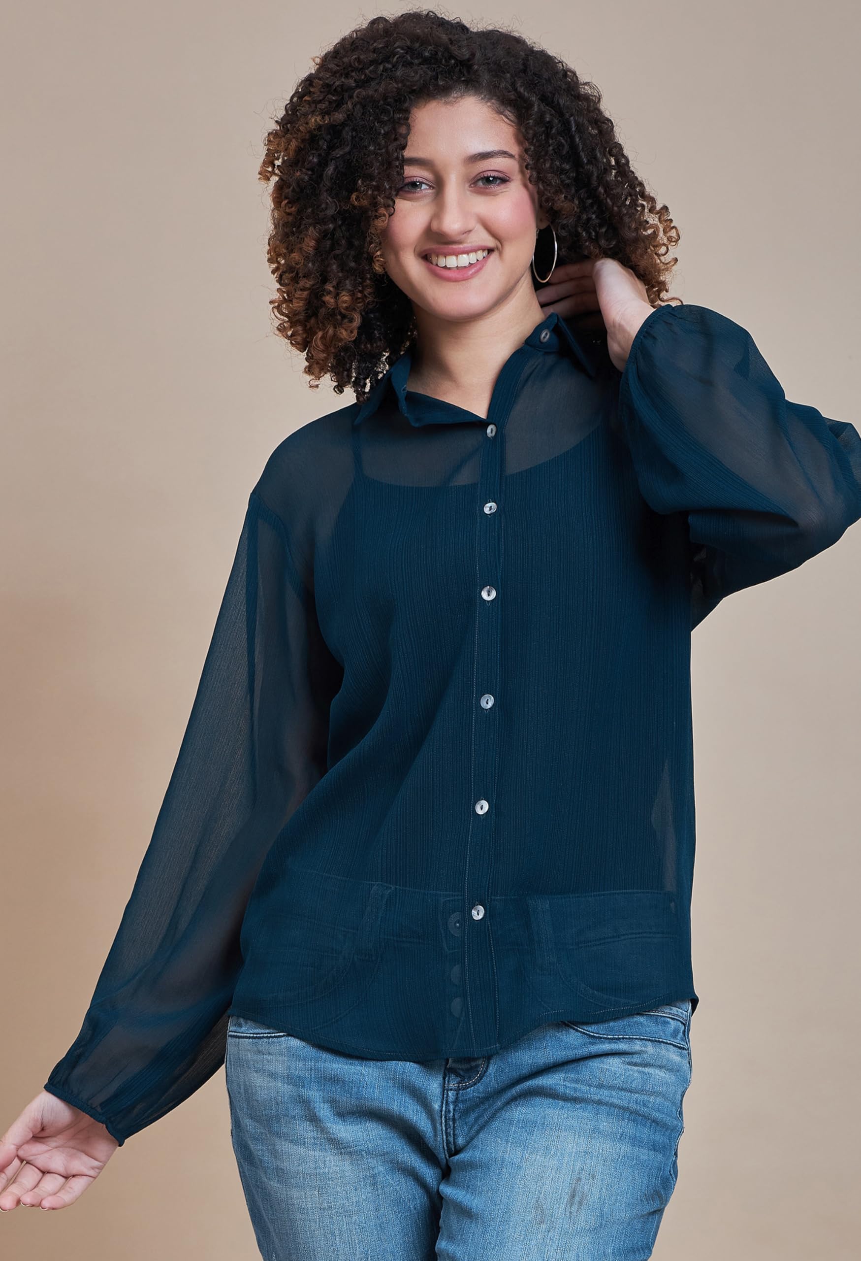 ALL YOURS Women's Solid Sheer Spread Collar Casual Shirt - Stylish Western Tops for Women & Girls | Perfect for Office, Date Night & Everyday Wear