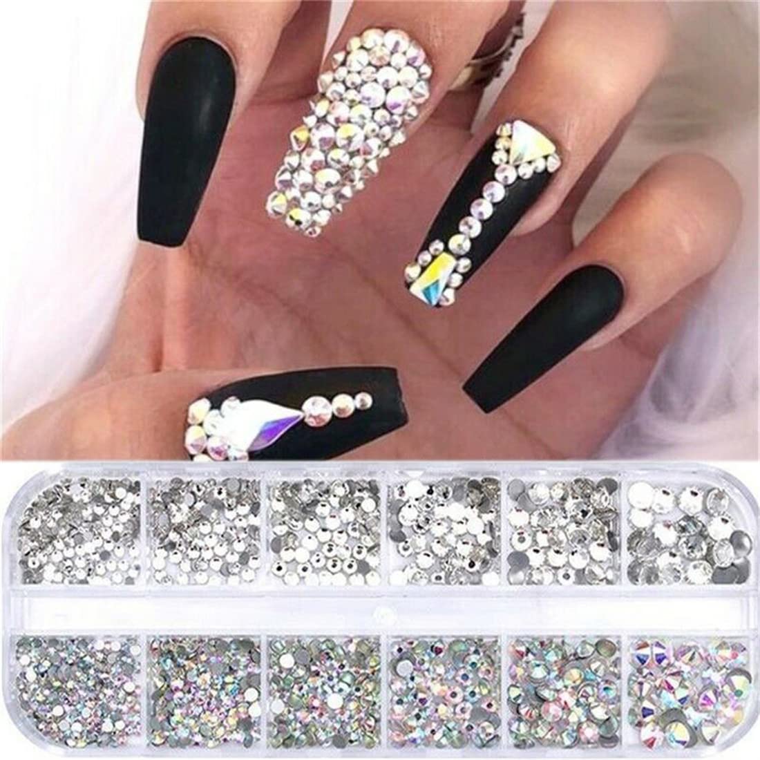 12 Grid Nail Rhinestones Set - 1.5mm-6mm 3D Glass Crystal AB & Clear Nail Gems with Pearls for Nail Art | Perfect for DIY Manicure, Nail Salon, Wedding, Party & Special Occasion Nail Designs