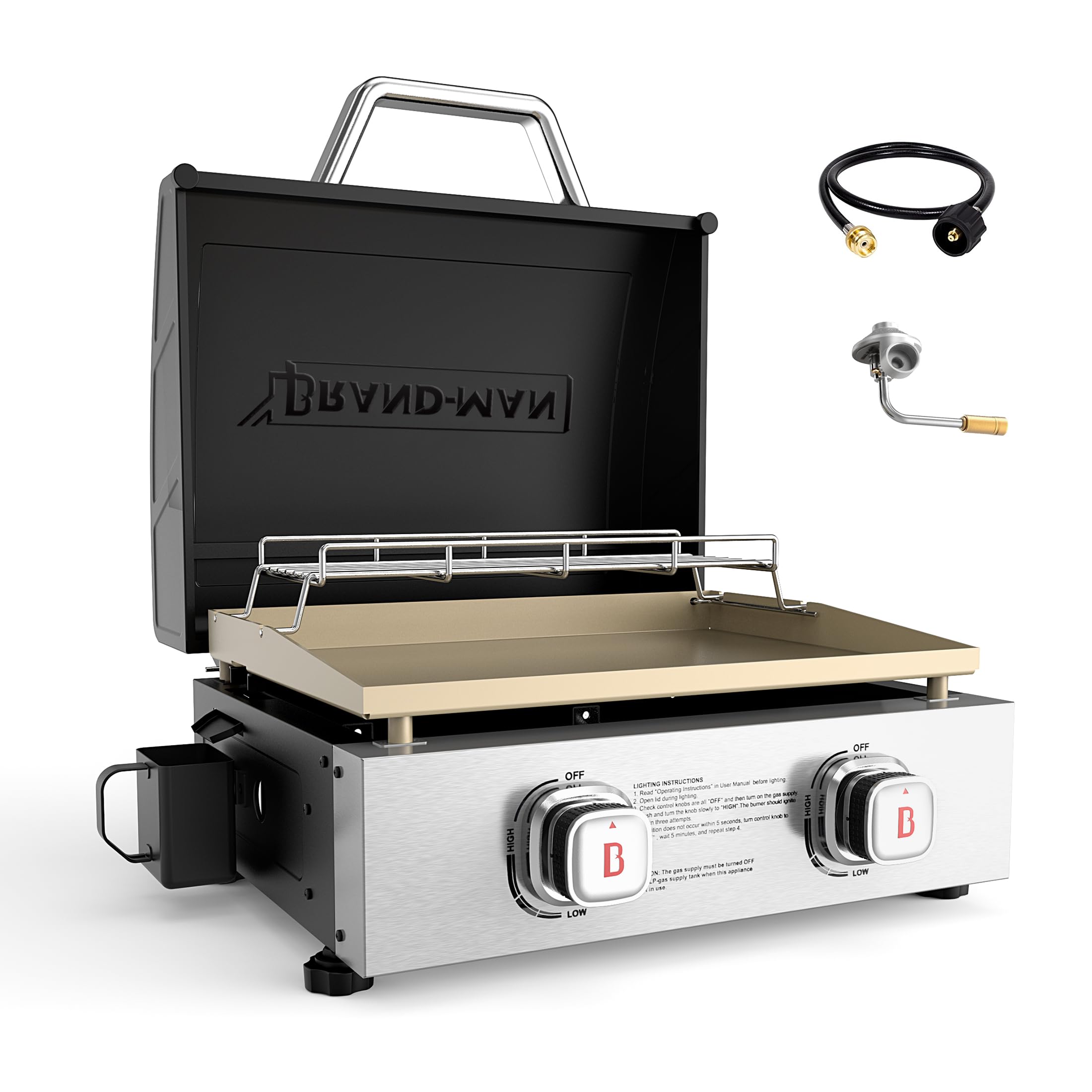 Brand-Man 2-Burner 18,000 BTU Portable Propane Griddle with Lid - Flat Top Gas Grill with Warming Rack & Adapter Hose - Perfect for Outdoor Cooking, Camping, Tailgating, Backyard BBQs & Picnics