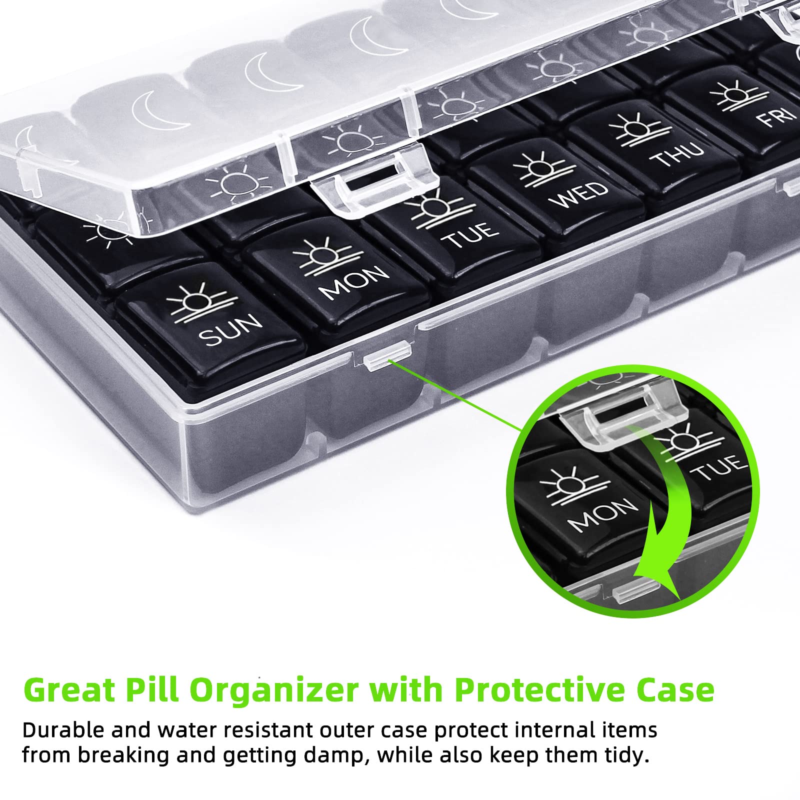 GOGOODA 7-Day Weekly Pill Organizer Box - 3 Times a Day Medication Case for Vitamins, Fish Oil & Supplements - Perfect for Travel, Home Use & Daily Medication Management